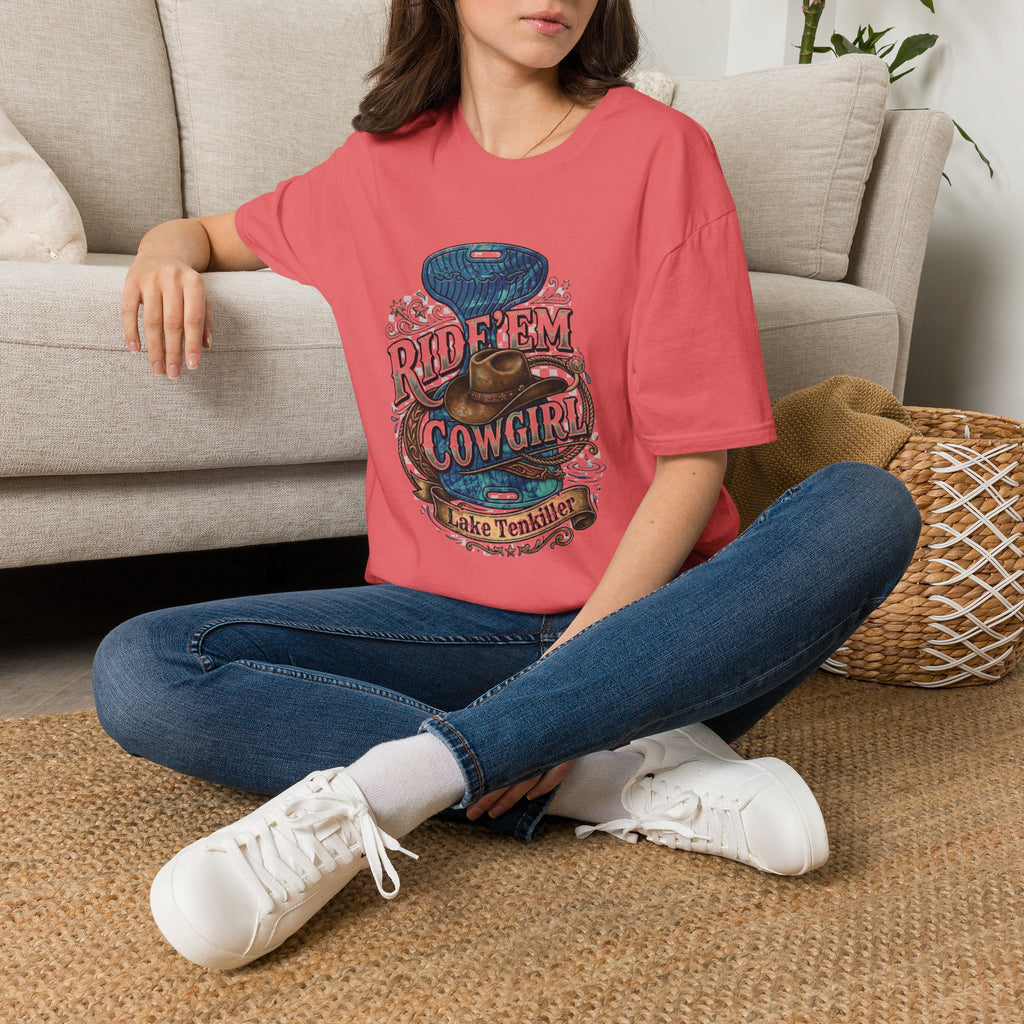 Cowgirl 'Ride 'Em' Water Saddle Graphic T-Shirt — Western Rodeo Cowboy Hat Design