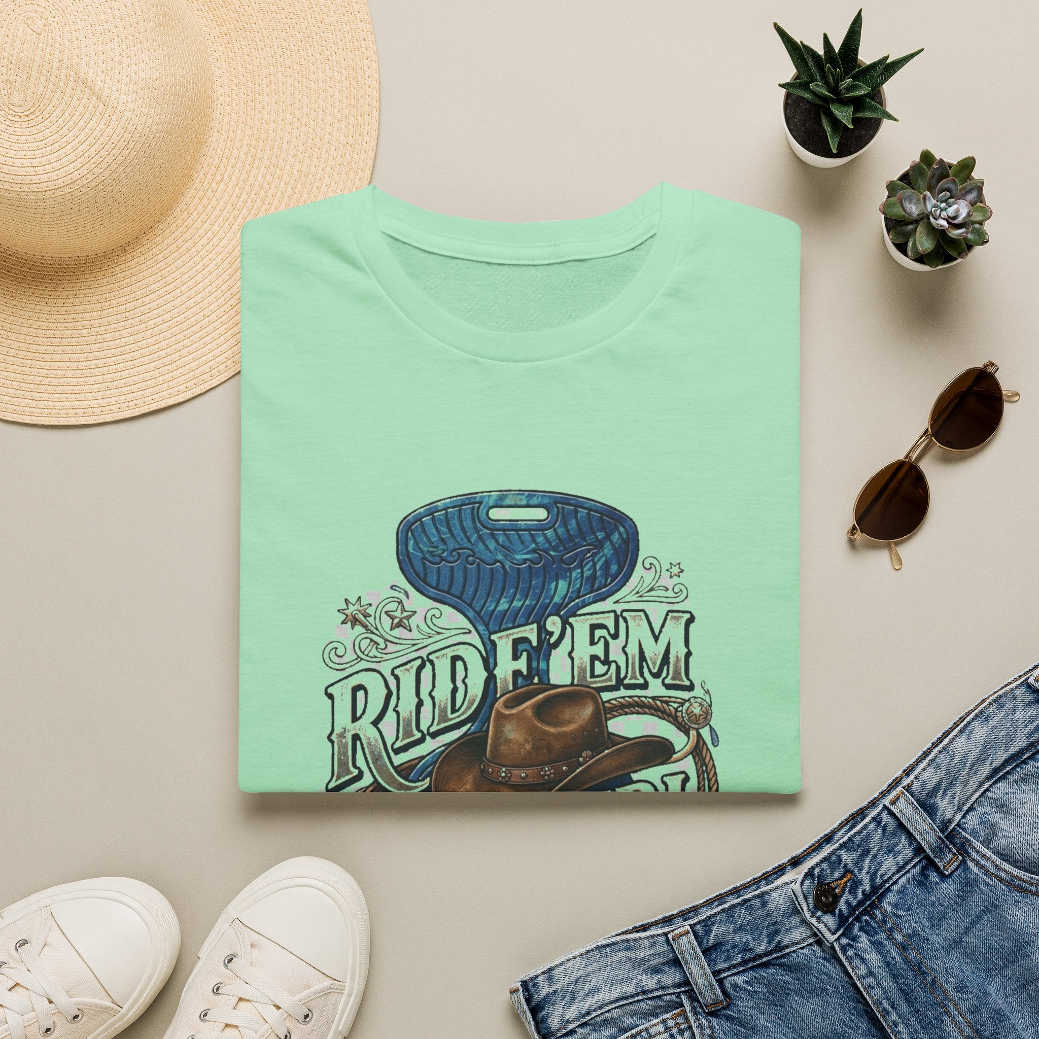 Cowgirl 'Ride 'Em' Water Saddle Graphic T-Shirt — Western Rodeo Cowboy Hat Design