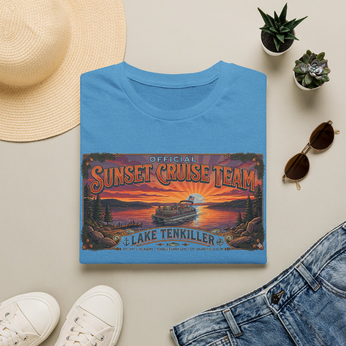 Sunset Cruise Team Lake Tenkiller T-Shirt t-shirt in Heather Sapphire — detail view