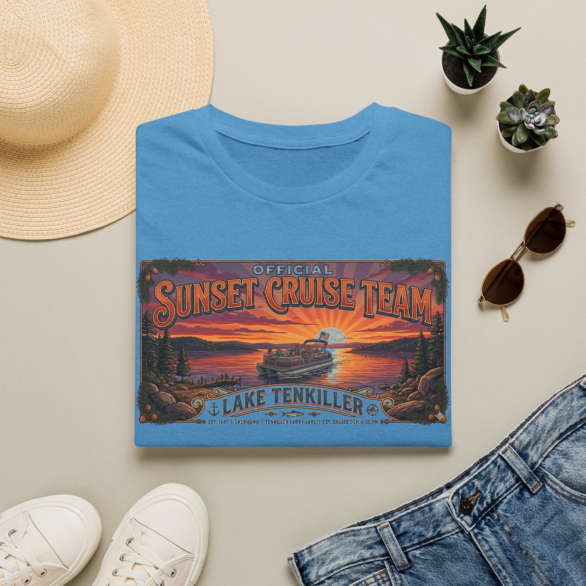 Sunset Cruise Team Lake Tenkiller T-Shirt — Retro Lake Sunset Boat Tee