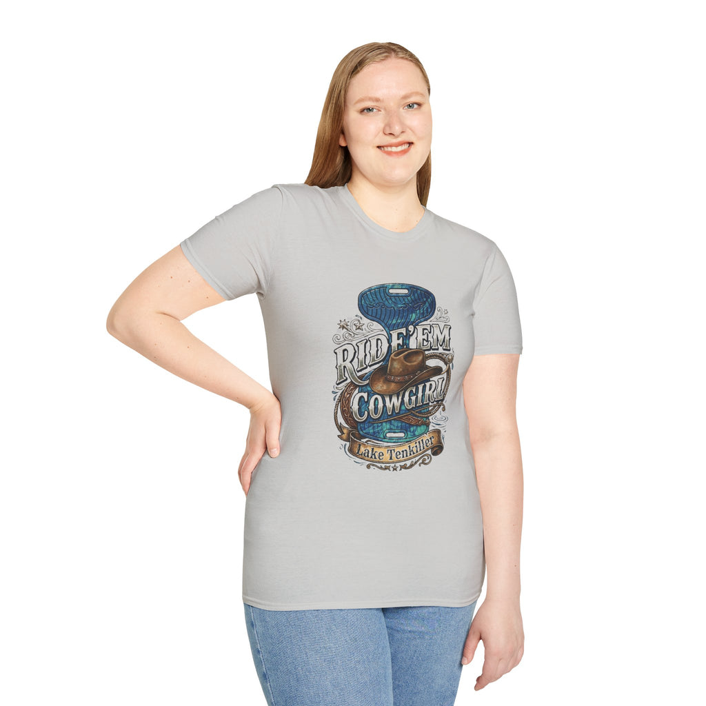 Cowgirl 'Ride 'Em' Water Saddle Graphic T-Shirt — Western Rodeo Cowboy Hat Design