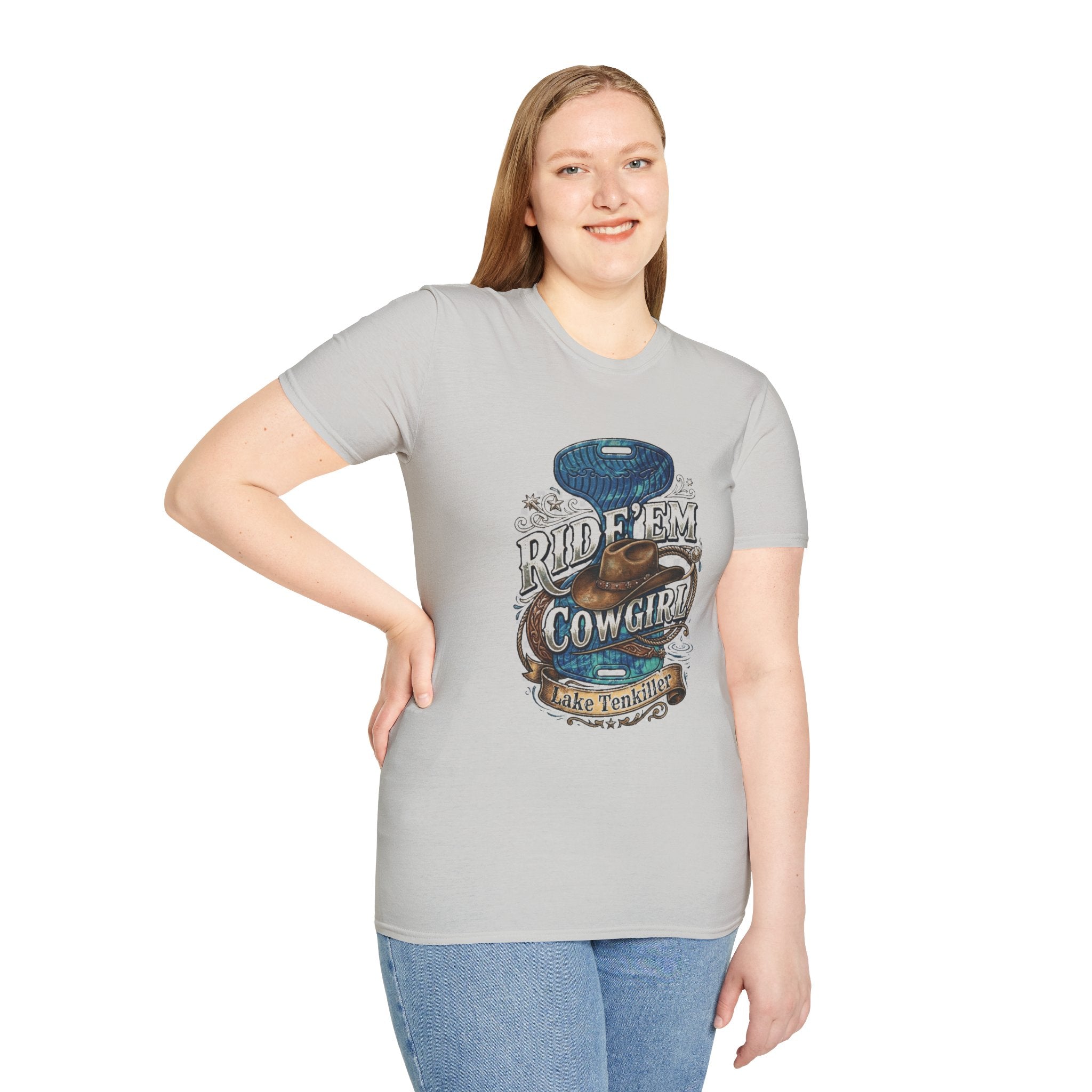 Cowgirl 'Ride 'Em' Water Saddle Graphic T-Shirt — Western Rodeo Cowboy Hat Design