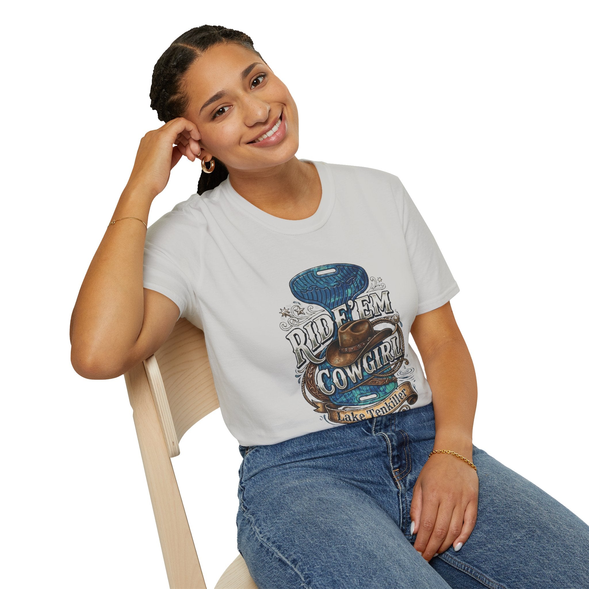 Cowgirl 'Ride 'Em' Water Saddle Graphic T-Shirt — Western Rodeo Cowboy Hat Design