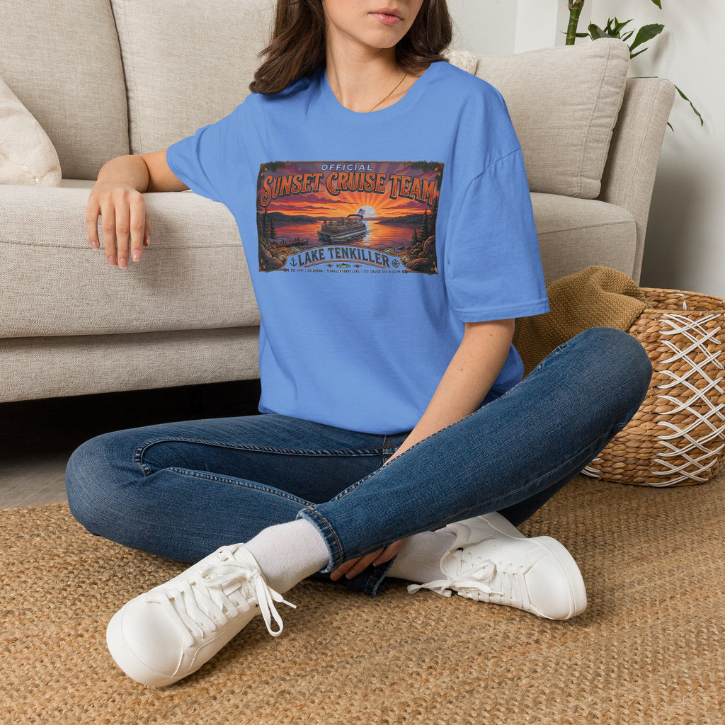 Sunset Cruise Team Lake Tenkiller T-Shirt — Retro Lake Sunset Boat Tee
