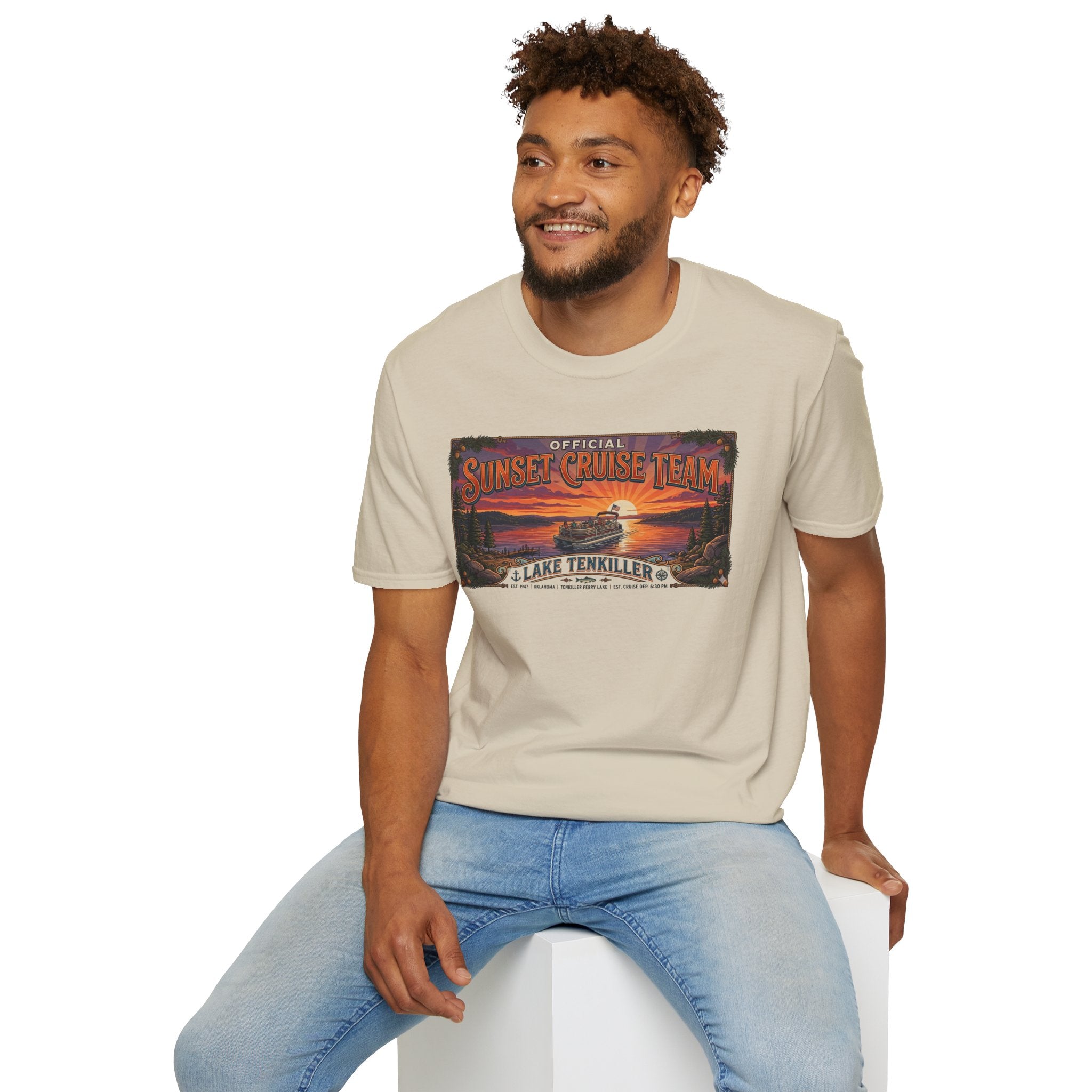 Sunset Cruise Team Lake Tenkiller T-Shirt — Retro Lake Sunset Boat Tee