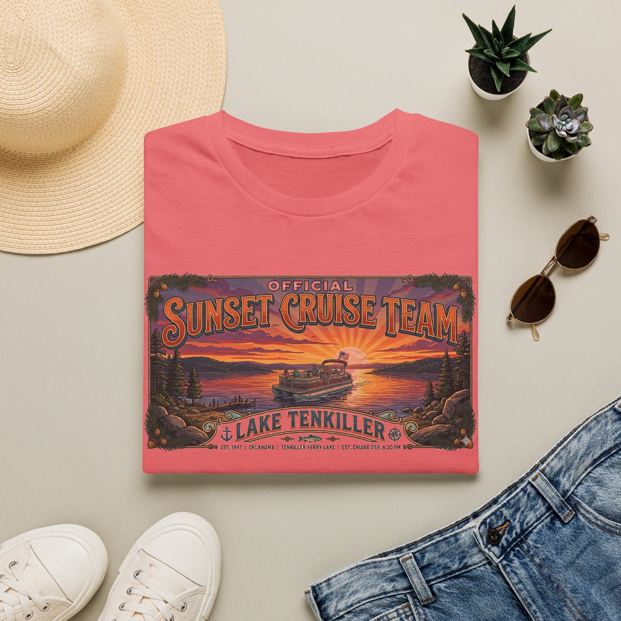 Sunset Cruise Team Lake Tenkiller T-Shirt — Retro Lake Sunset Boat Tee