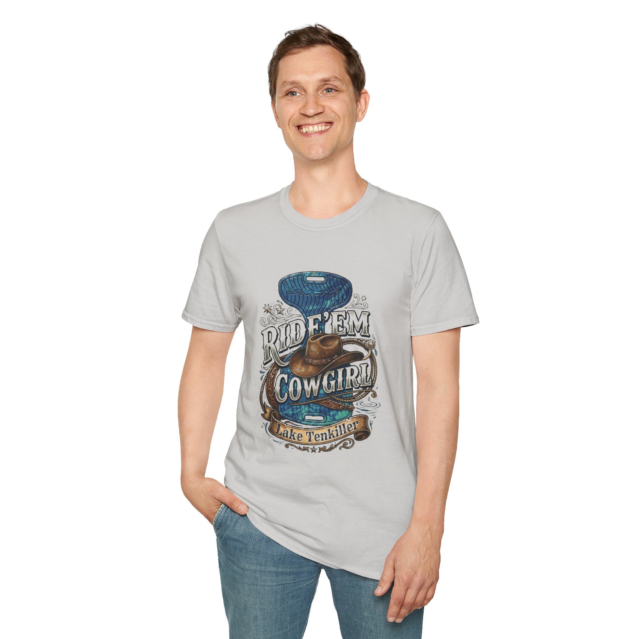 Cowgirl 'Ride 'Em' Water Saddle Graphic T-Shirt — Western Rodeo Cowboy Hat Design