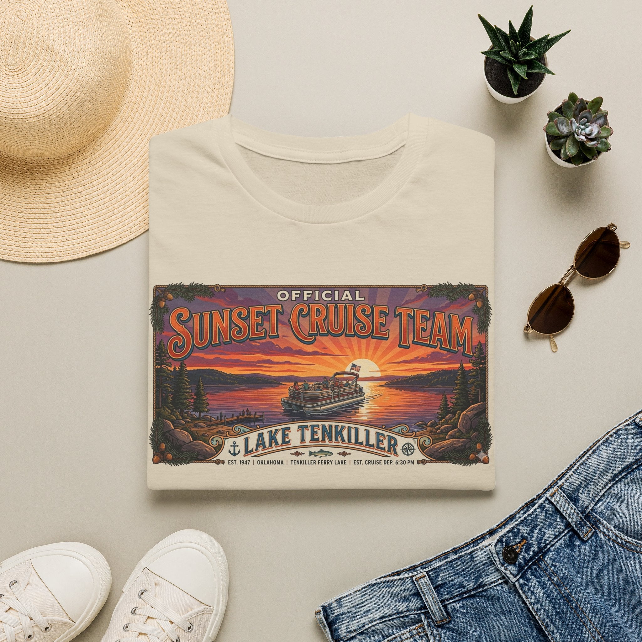 Sunset Cruise Team Lake Tenkiller T-Shirt — Retro Lake Sunset Boat Tee
