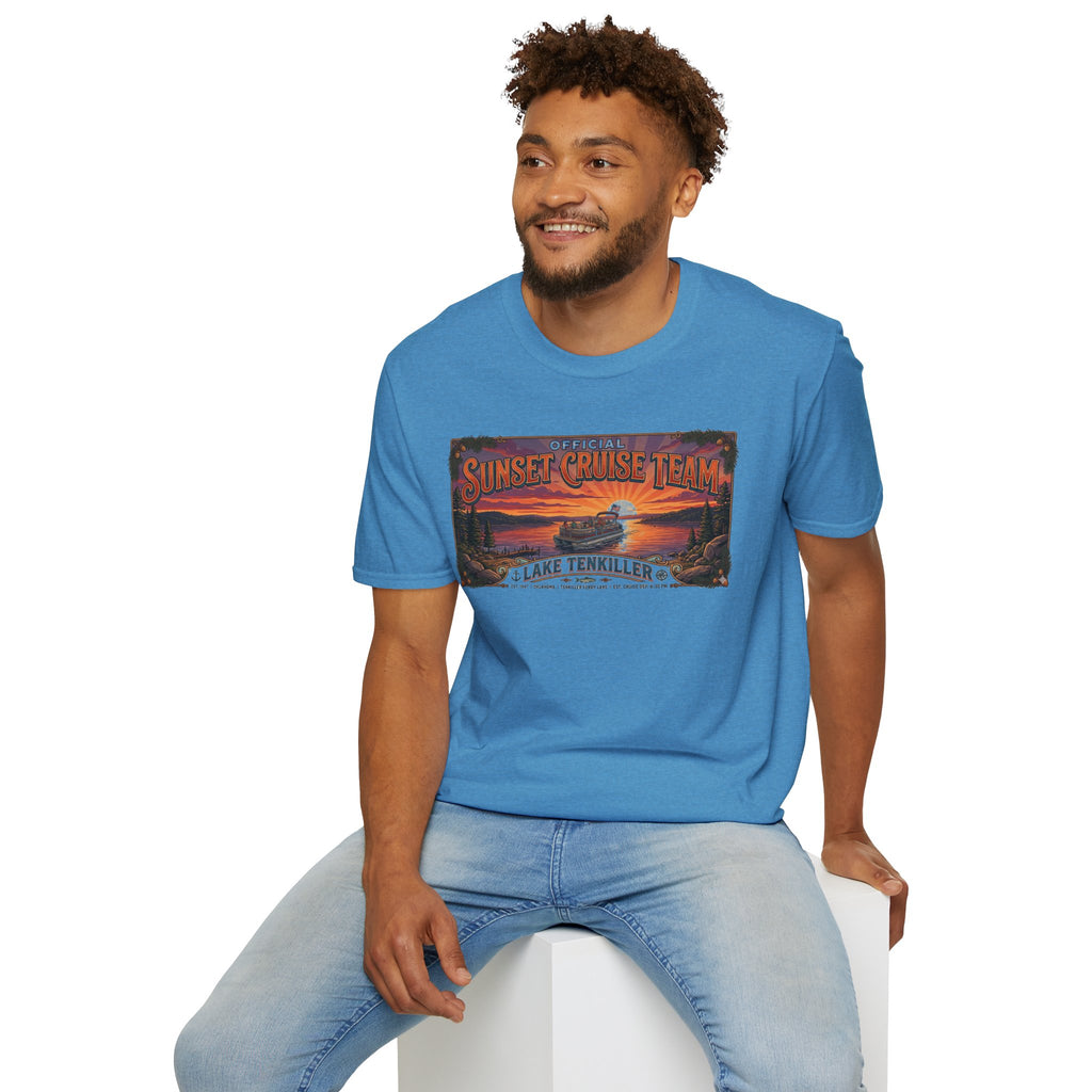 Sunset Cruise Team Lake Tenkiller T-Shirt — Retro Lake Sunset Boat Tee