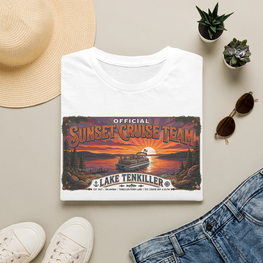Sunset Cruise Team Lake Tenkiller T-Shirt — Retro Lake Sunset Boat Tee