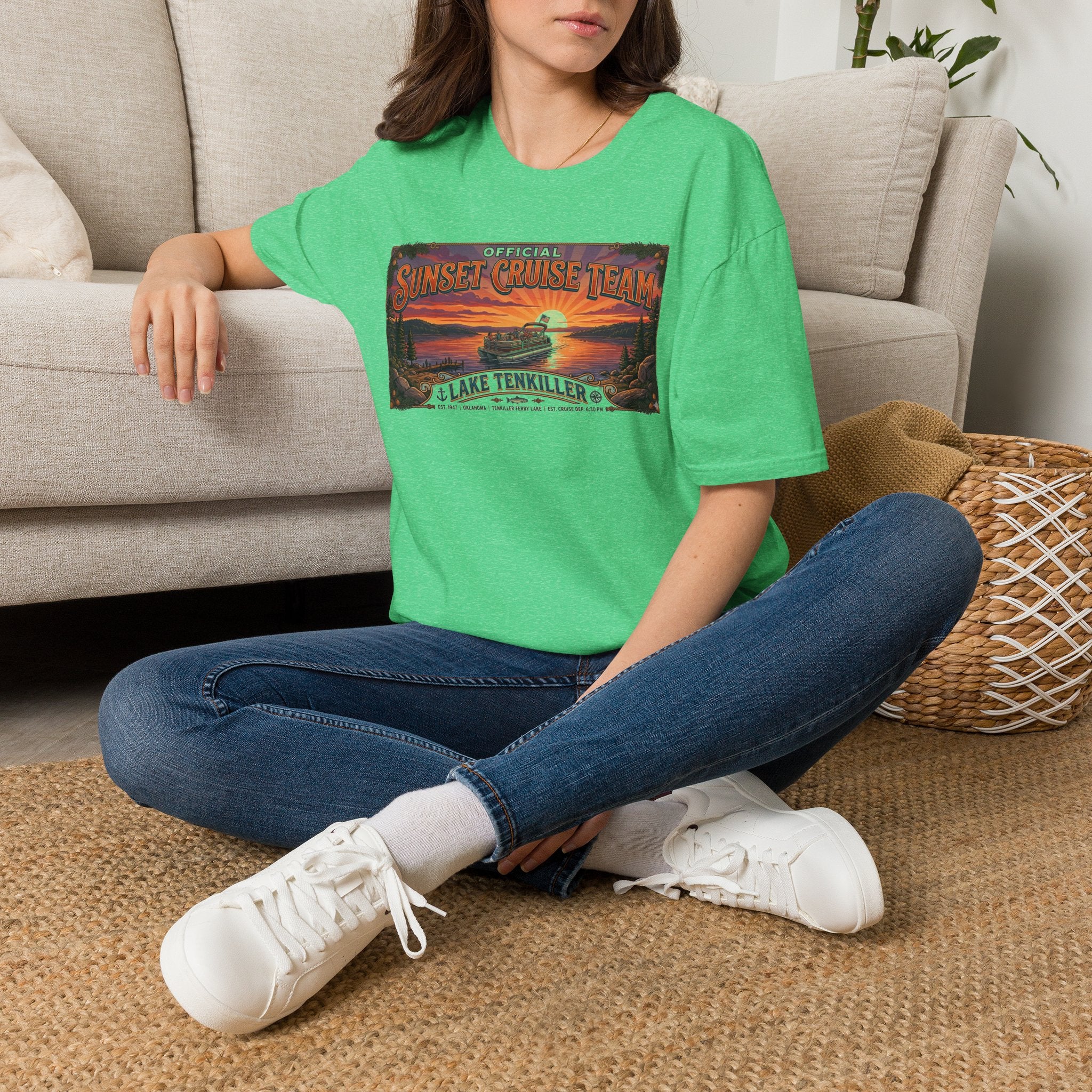 Sunset Cruise Team Lake Tenkiller T-Shirt — Retro Lake Sunset Boat Tee