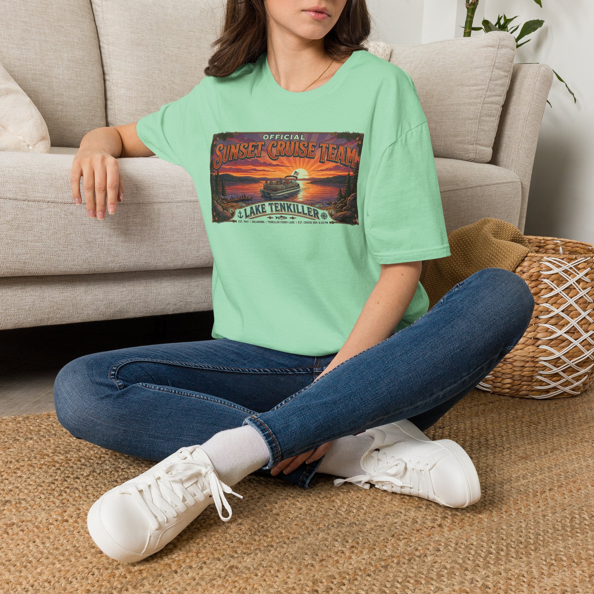 Sunset Cruise Team Lake Tenkiller T-Shirt — Retro Lake Sunset Boat Tee