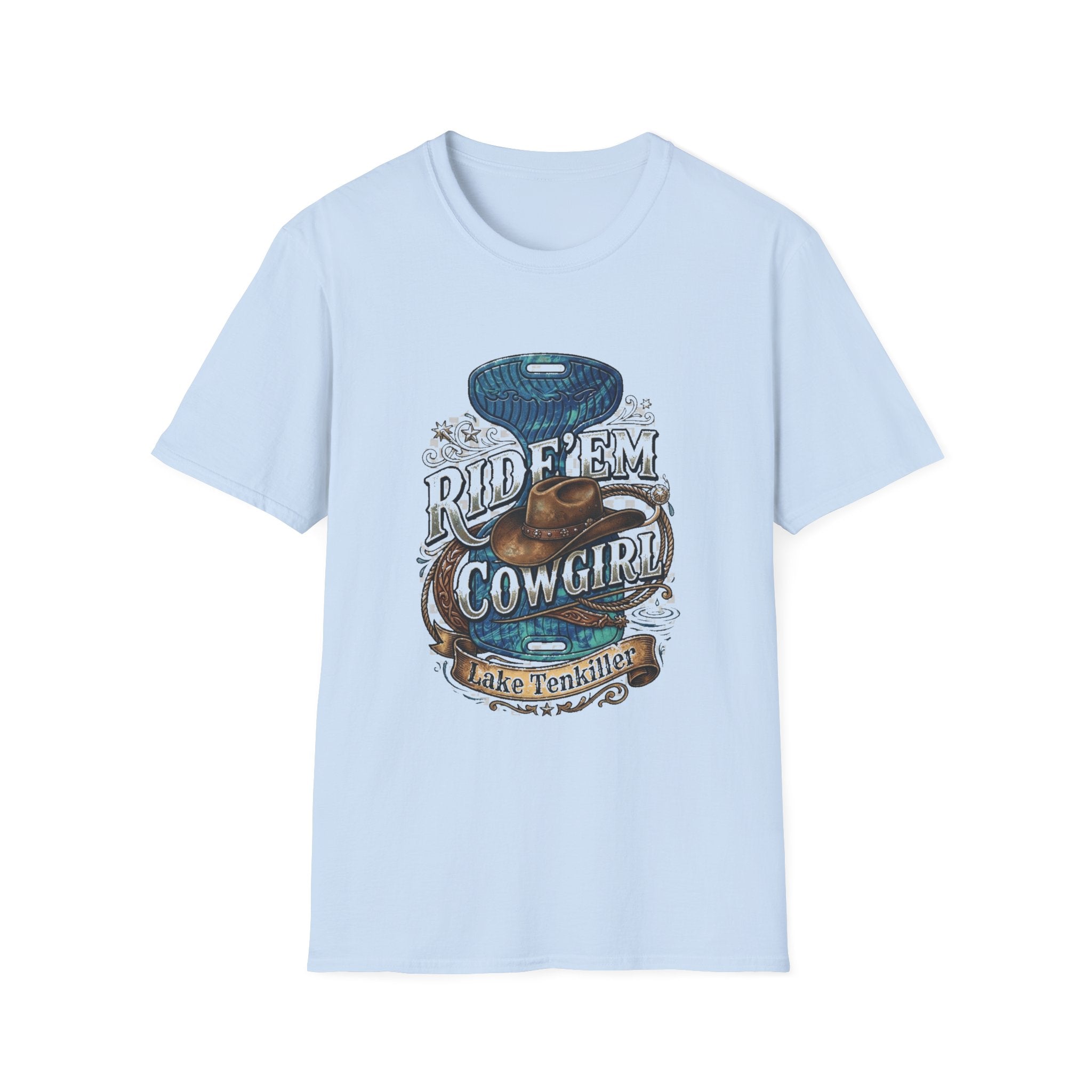Cowgirl 'Ride 'Em' Water Saddle Graphic T-Shirt — Western Rodeo Cowboy Hat Design