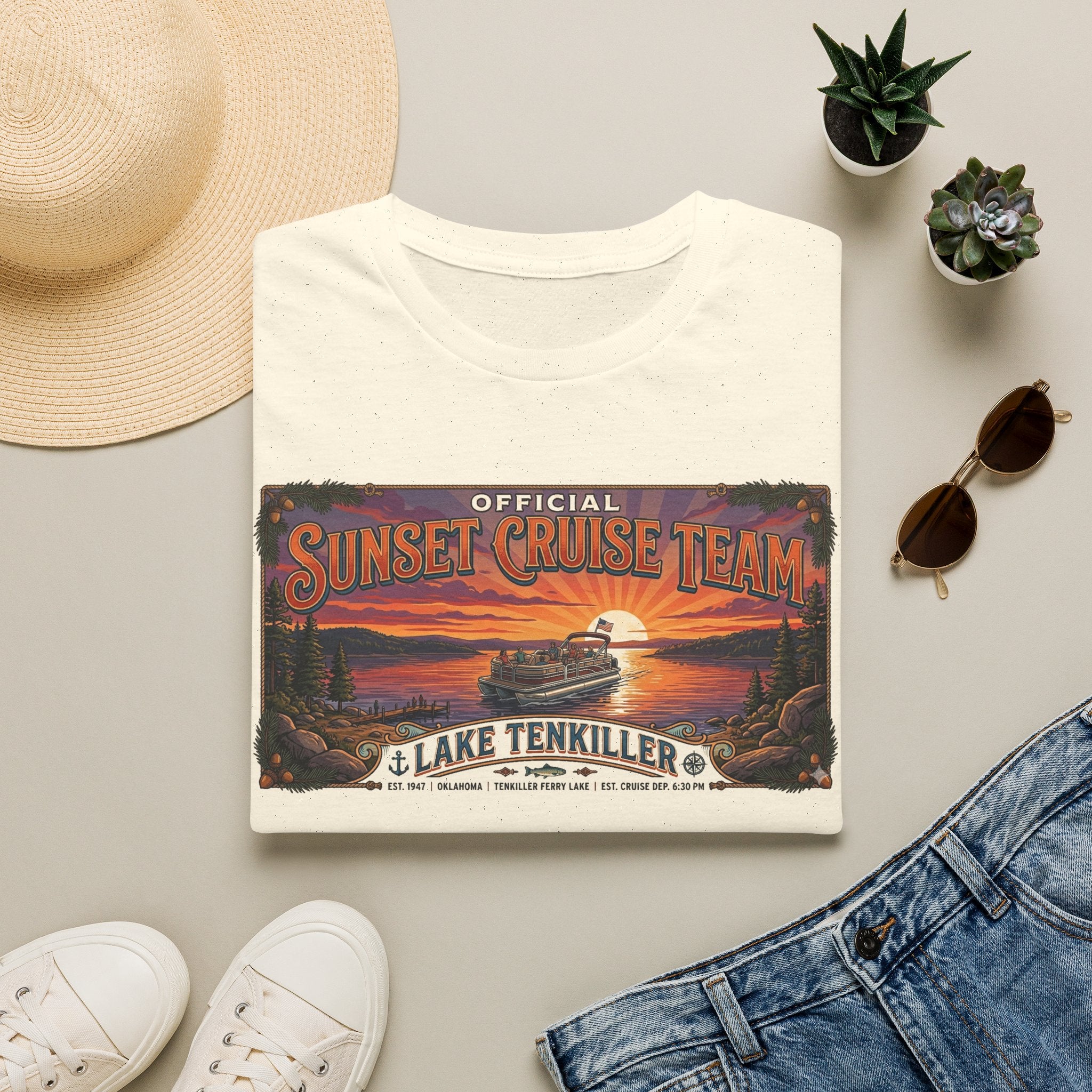 Sunset Cruise Team Lake Tenkiller T-Shirt — Retro Lake Sunset Boat Tee