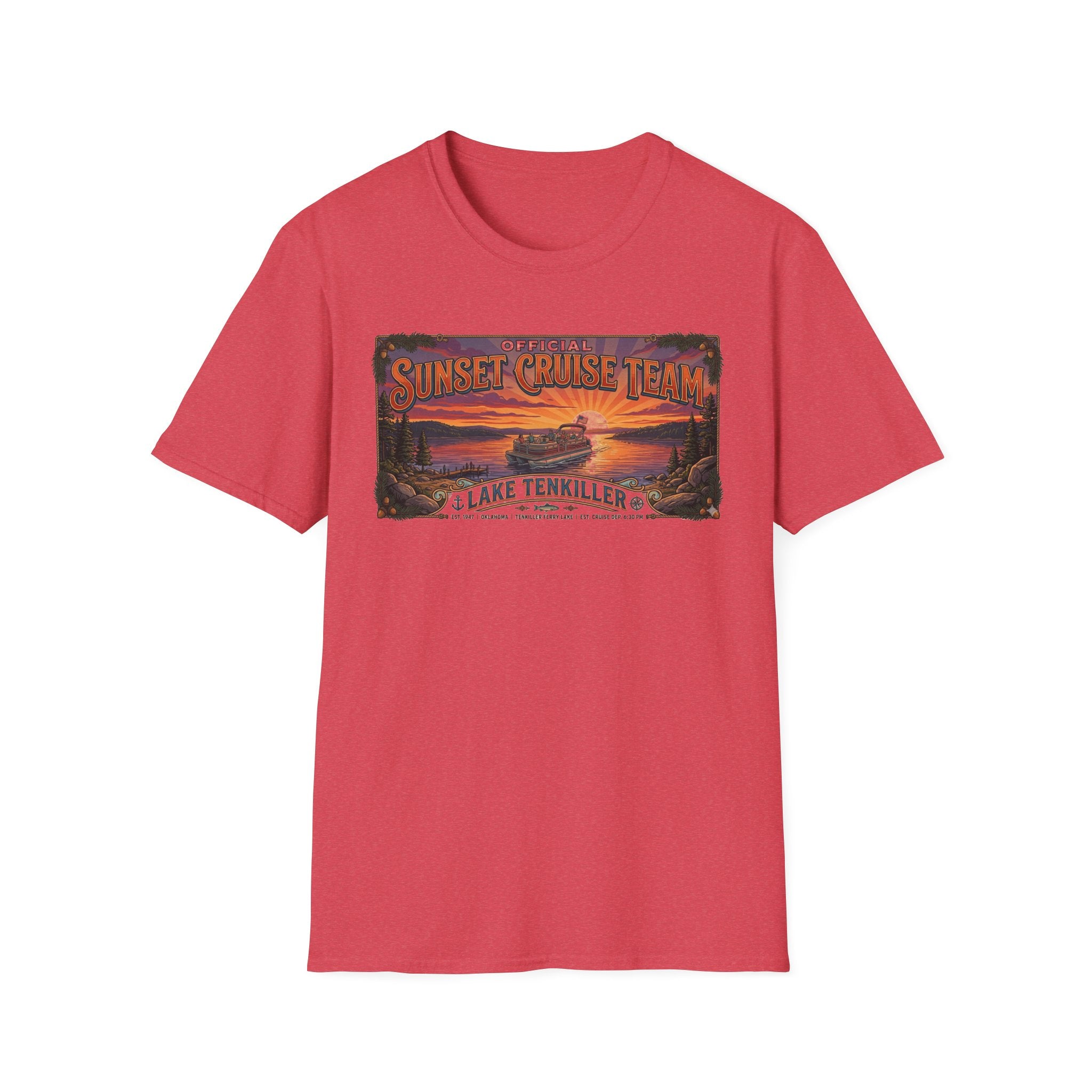Sunset Cruise Team Lake Tenkiller T-Shirt — Retro Lake Sunset Boat Tee