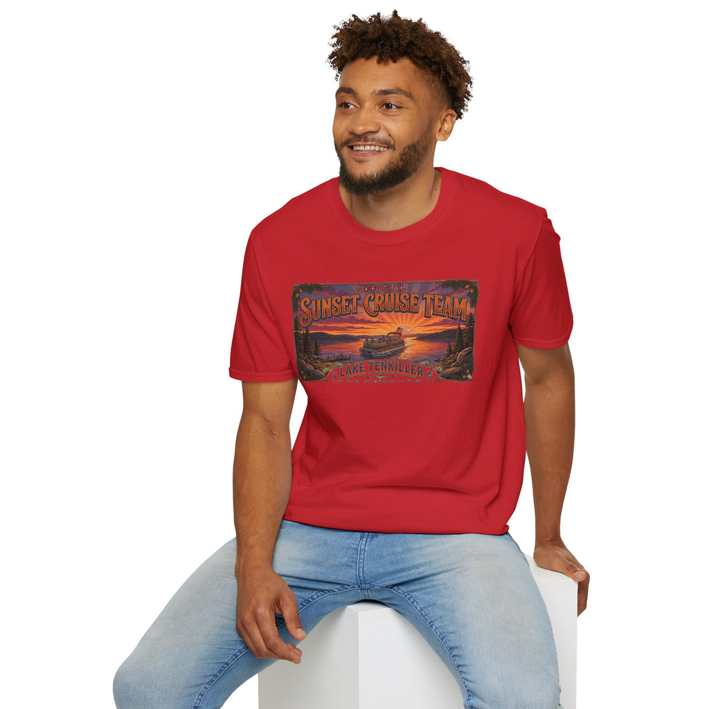 Sunset Cruise Team Lake Tenkiller T-Shirt — Retro Lake Sunset Boat Tee
