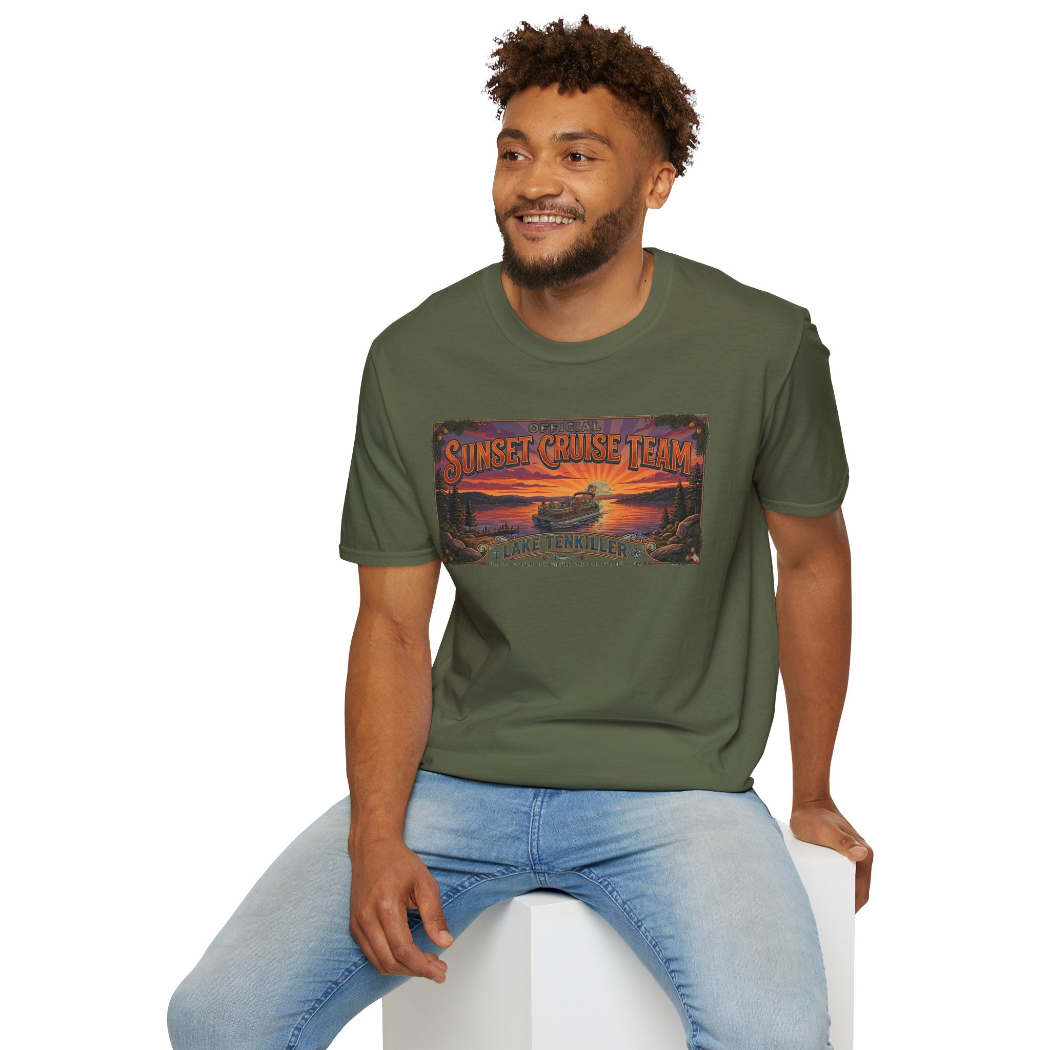 Sunset Cruise Team Lake Tenkiller T-Shirt — Retro Lake Sunset Boat Tee