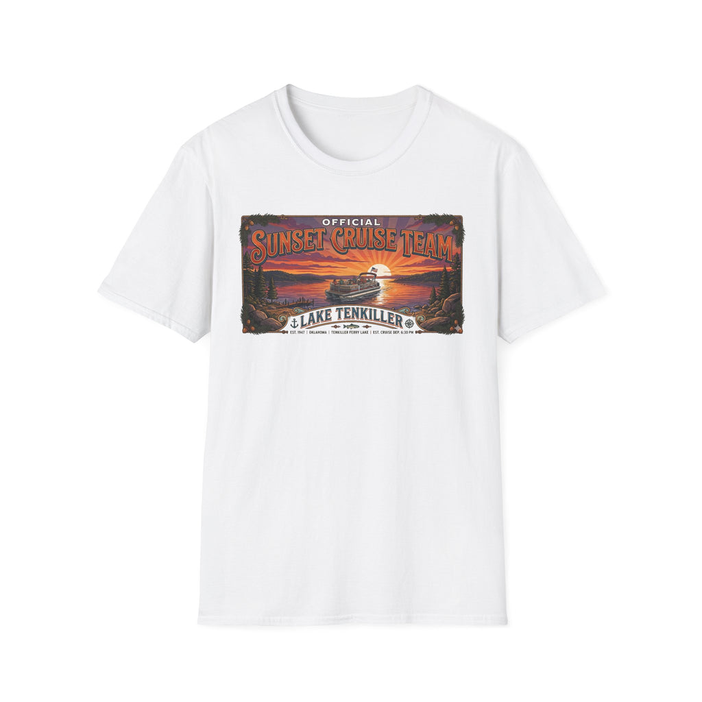 Sunset Cruise Team Lake Tenkiller T-Shirt — Retro Lake Sunset Boat Tee