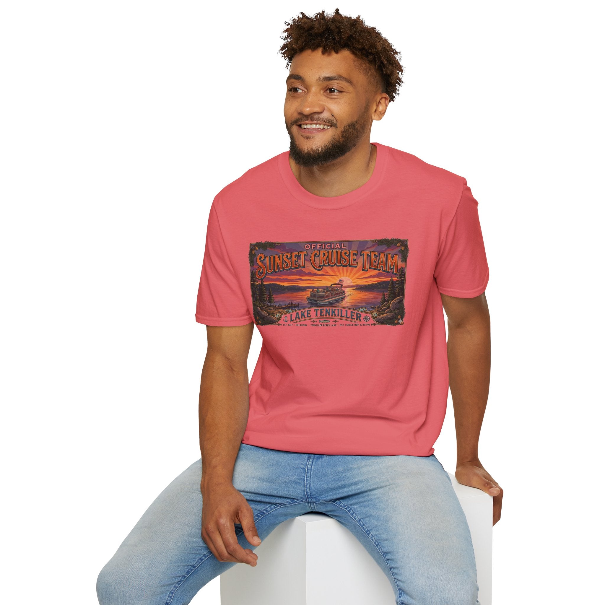 Sunset Cruise Team Lake Tenkiller T-Shirt — Retro Lake Sunset Boat Tee