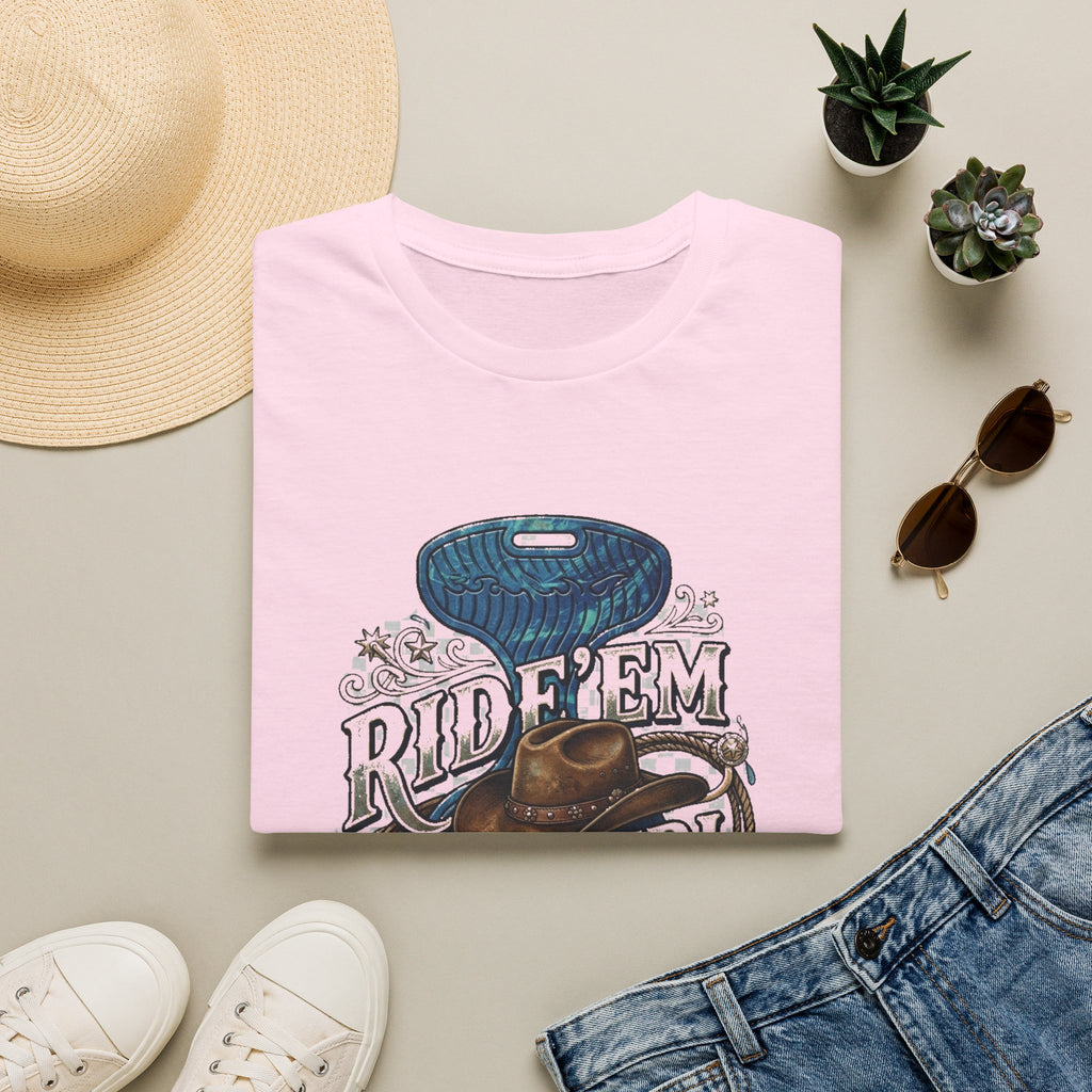 Cowgirl 'Ride 'Em' Water Saddle Graphic T-Shirt — Western Rodeo Cowboy Hat Design
