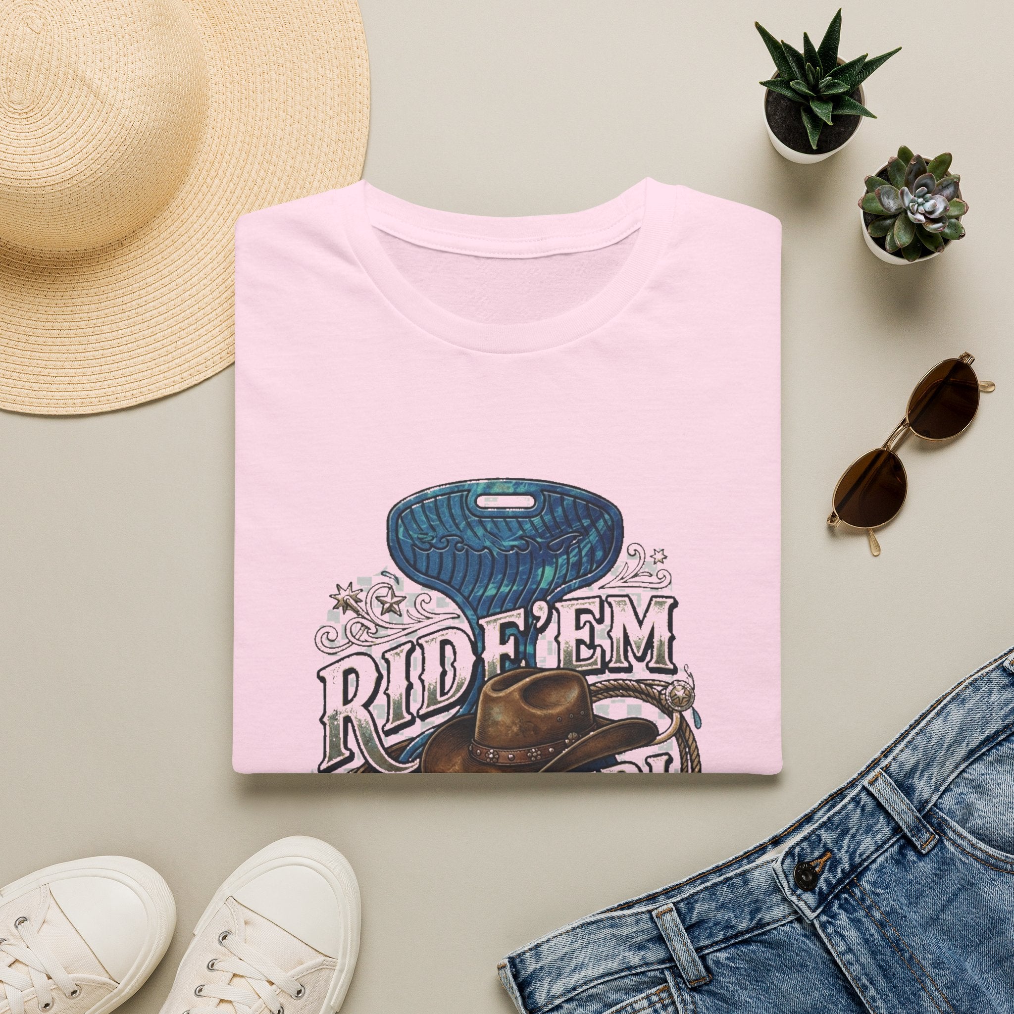 Cowgirl 'Ride 'Em' Water Saddle Graphic T-Shirt — Western Rodeo Cowboy Hat Design