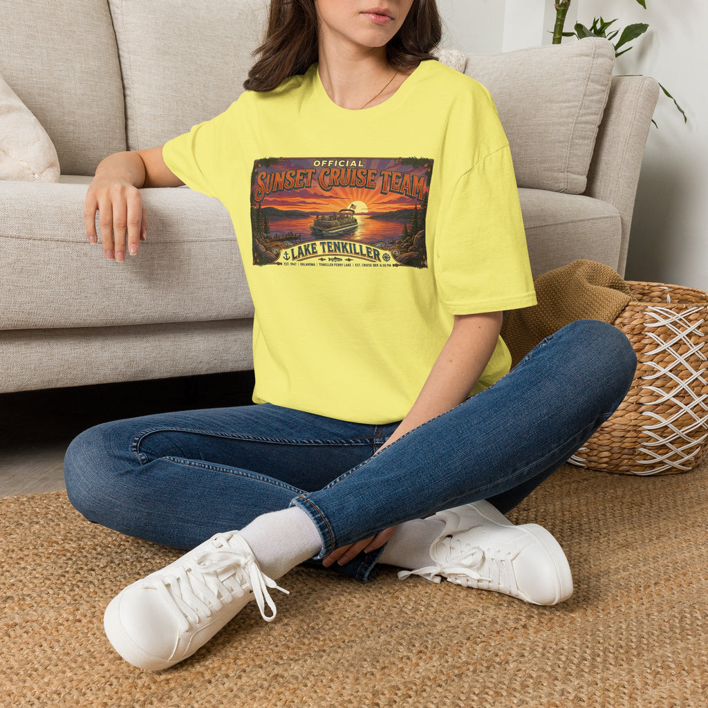 Sunset Cruise Team Lake Tenkiller T-Shirt — Retro Lake Sunset Boat Tee
