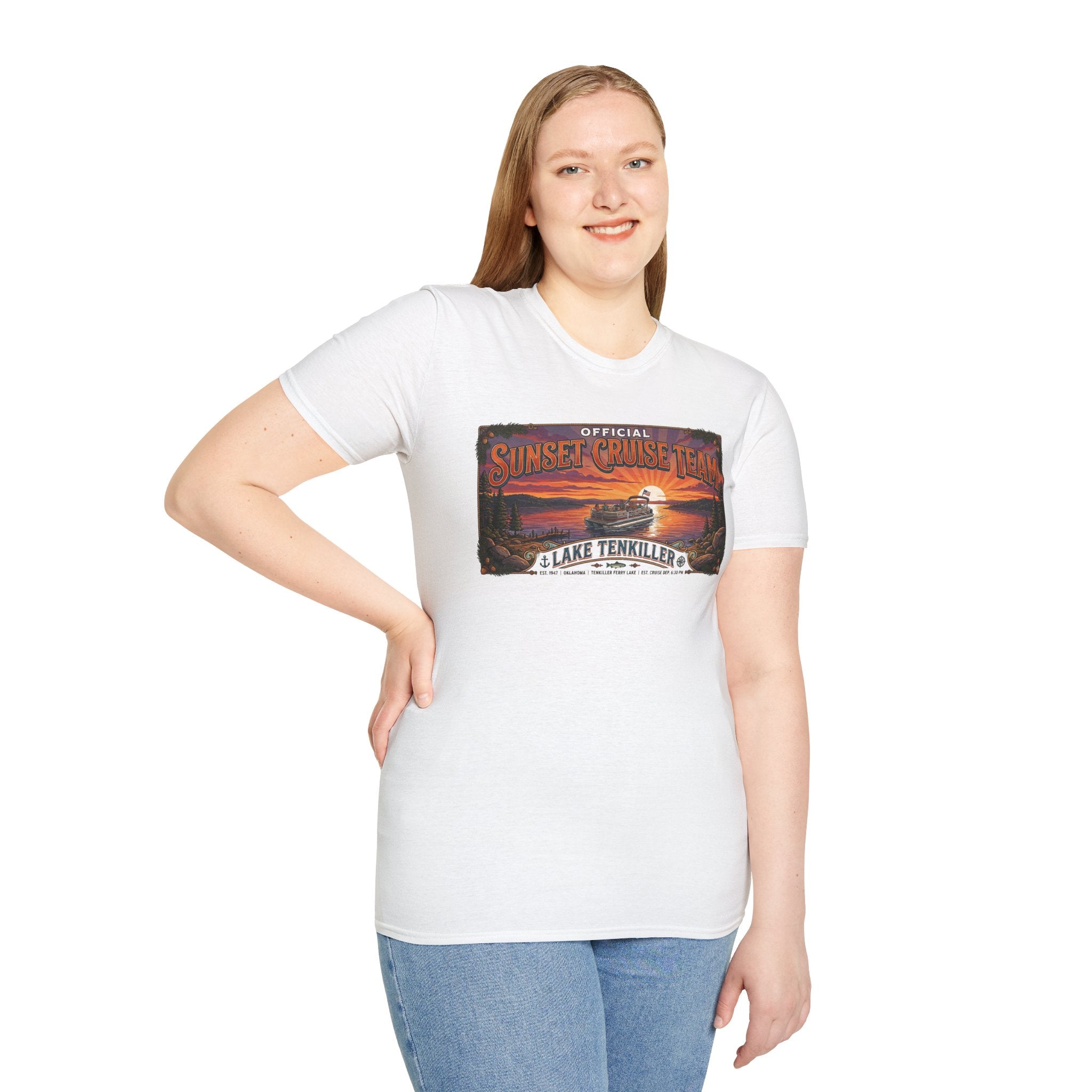 Sunset Cruise Team Lake Tenkiller T-Shirt — Retro Lake Sunset Boat Tee