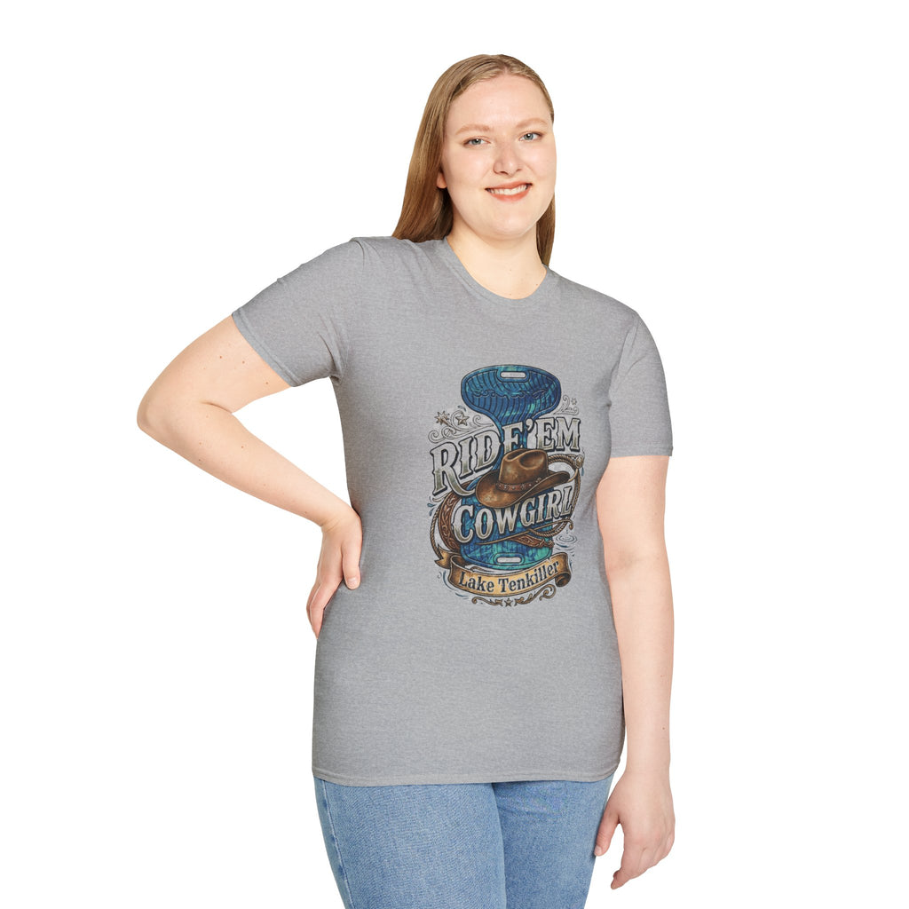 Cowgirl 'Ride 'Em' Water Saddle Graphic T-Shirt — Western Rodeo Cowboy Hat Design