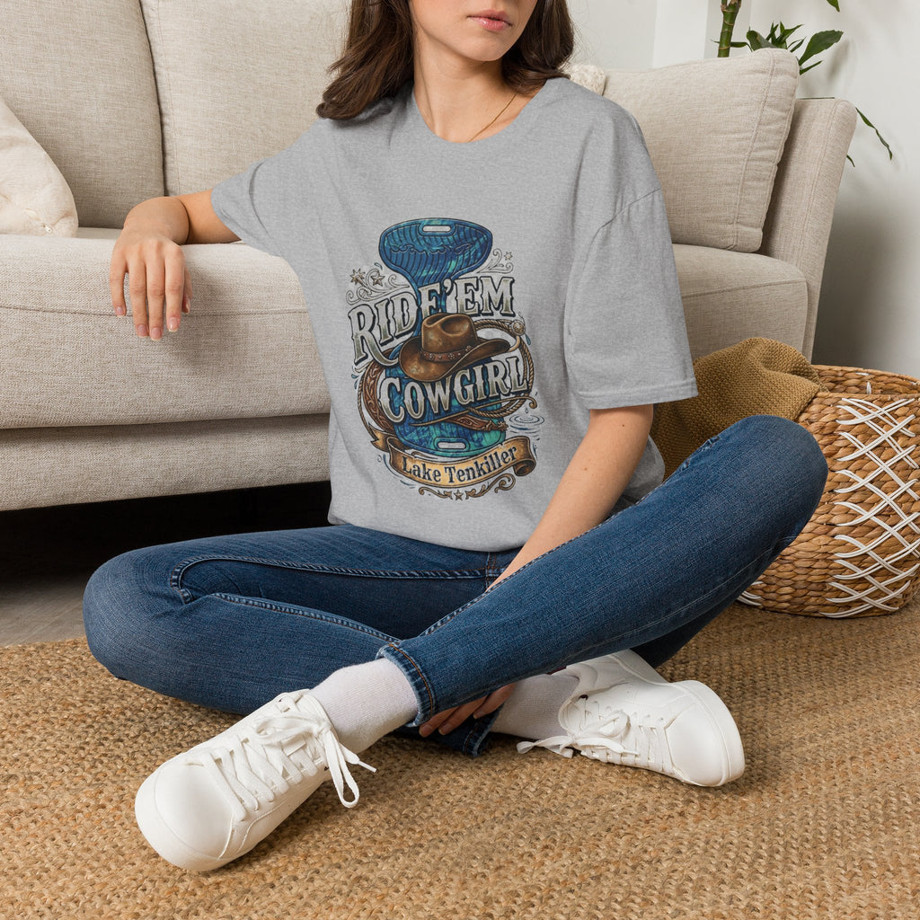 Cowgirl 'Ride 'Em' Water Saddle Graphic T-Shirt — Western Rodeo Cowboy Hat Design