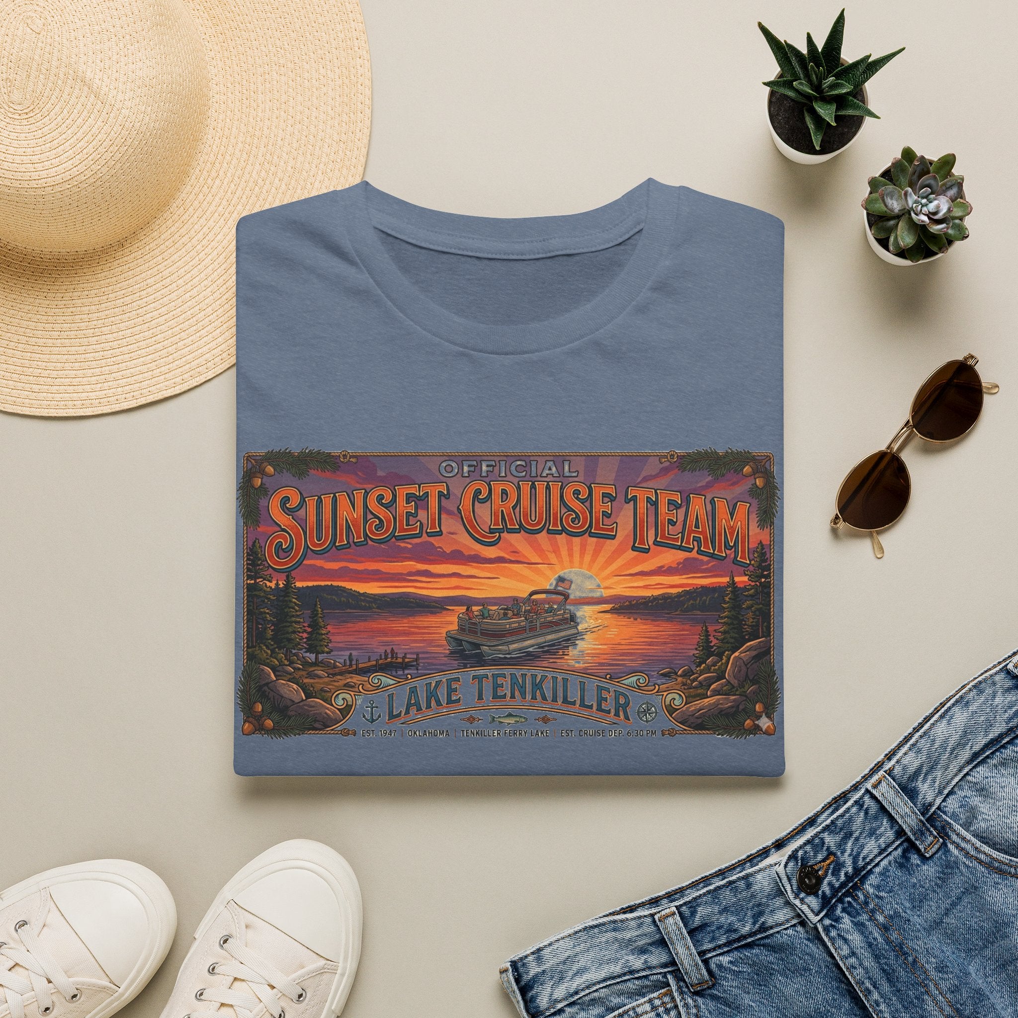 Sunset Cruise Team Lake Tenkiller T-Shirt — Retro Lake Sunset Boat Tee