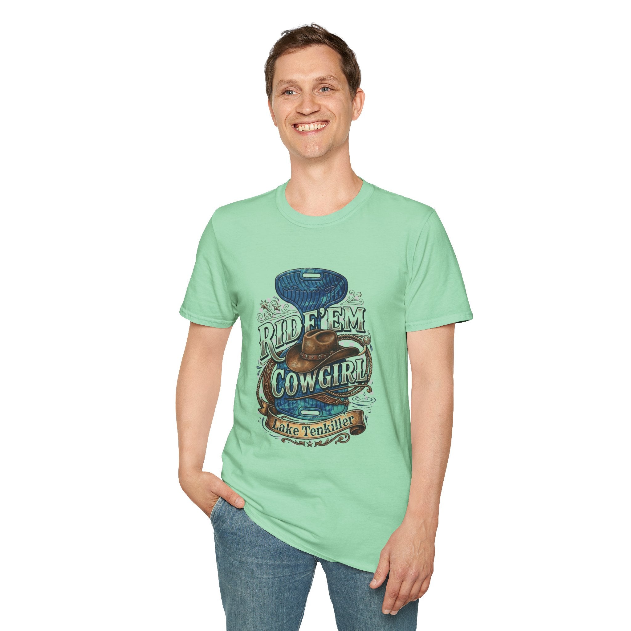 Cowgirl 'Ride 'Em' Water Saddle Graphic T-Shirt — Western Rodeo Cowboy Hat Design