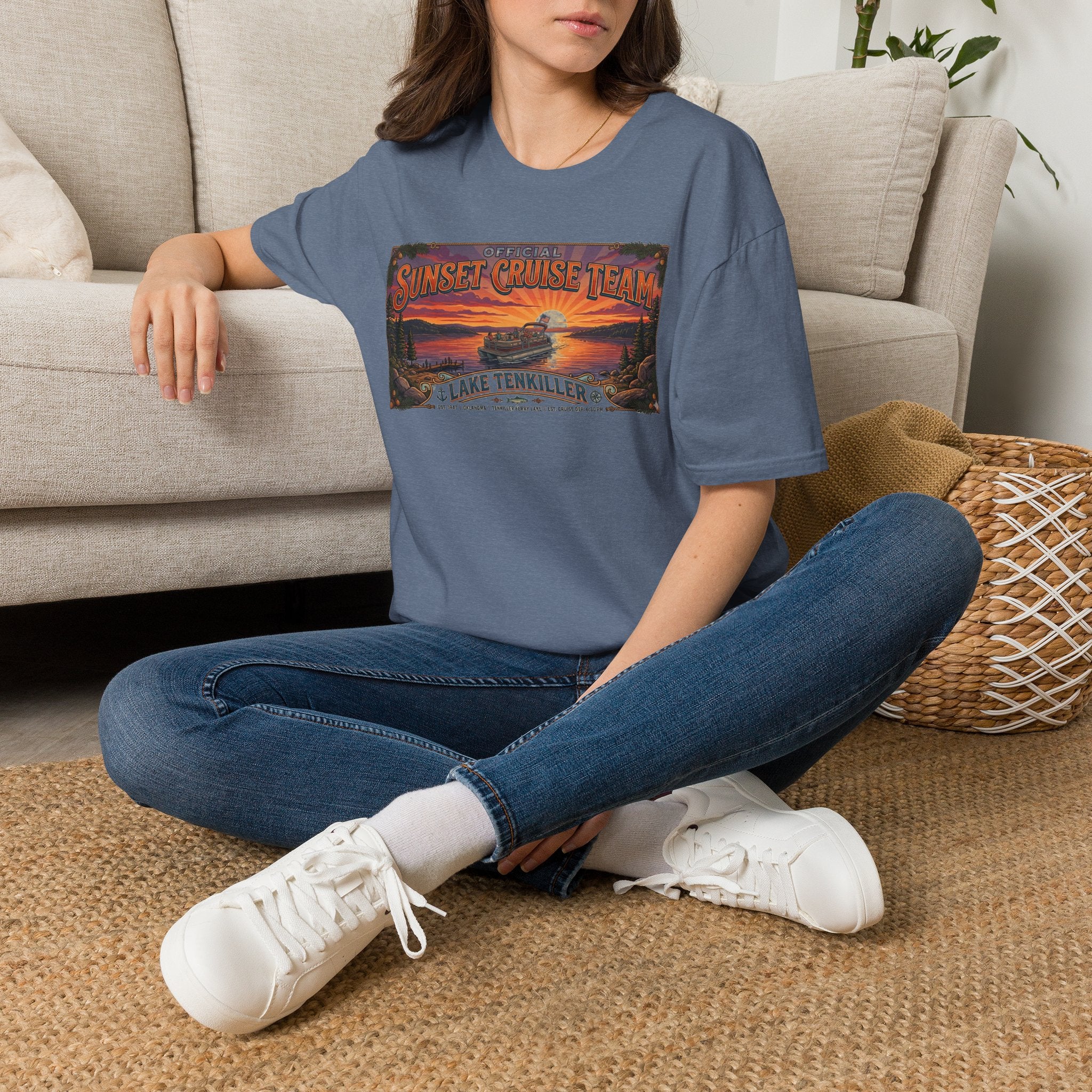 Sunset Cruise Team Lake Tenkiller T-Shirt — Retro Lake Sunset Boat Tee