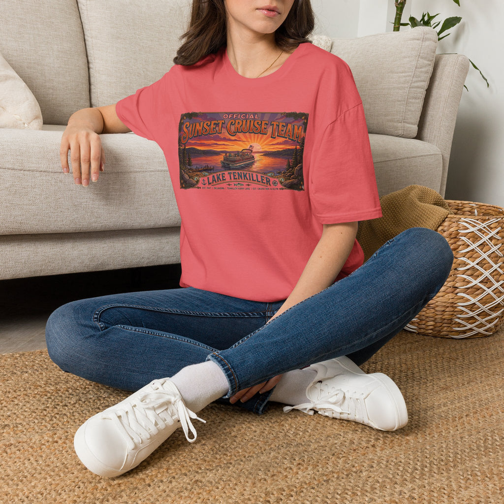 Sunset Cruise Team Lake Tenkiller T-Shirt — Retro Lake Sunset Boat Tee