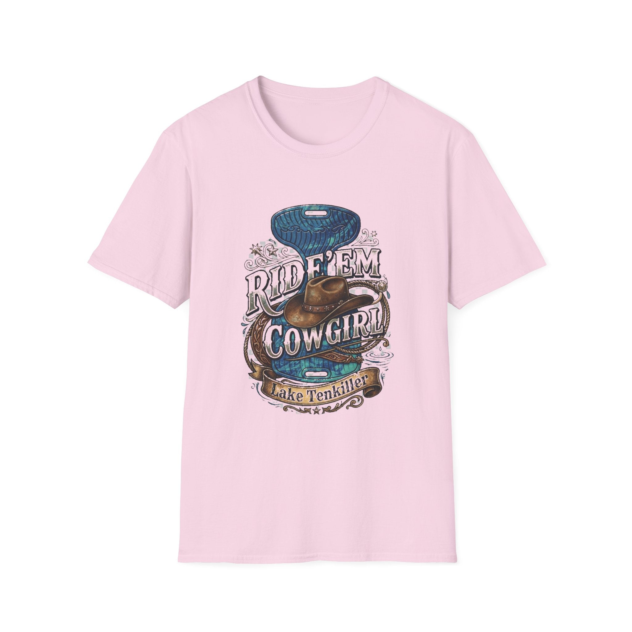 Cowgirl 'Ride 'Em' Water Saddle Graphic T-Shirt — Western Rodeo Cowboy Hat Design