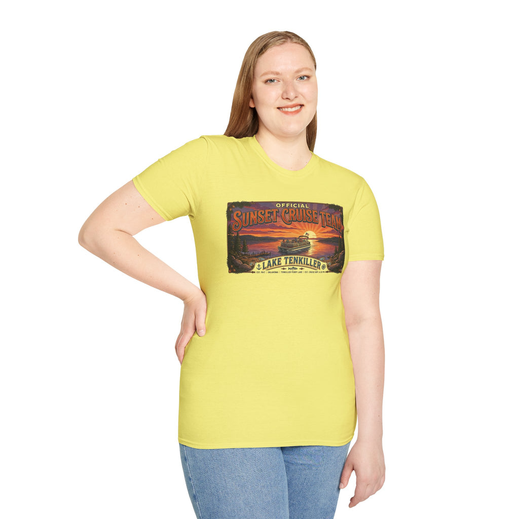 Sunset Cruise Team Lake Tenkiller T-Shirt — Retro Lake Sunset Boat Tee