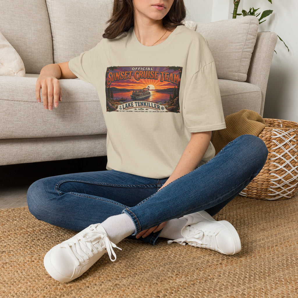 Sunset Cruise Team Lake Tenkiller T-Shirt — Retro Lake Sunset Boat Tee