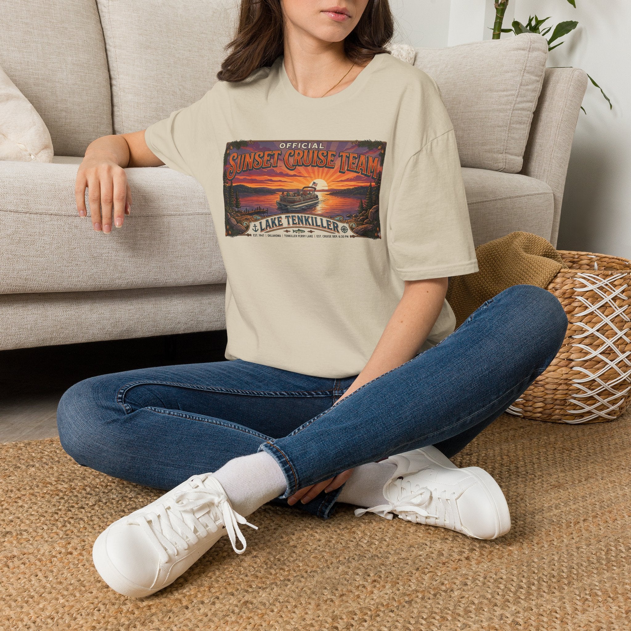 Sunset Cruise Team Lake Tenkiller T-Shirt — Retro Lake Sunset Boat Tee
