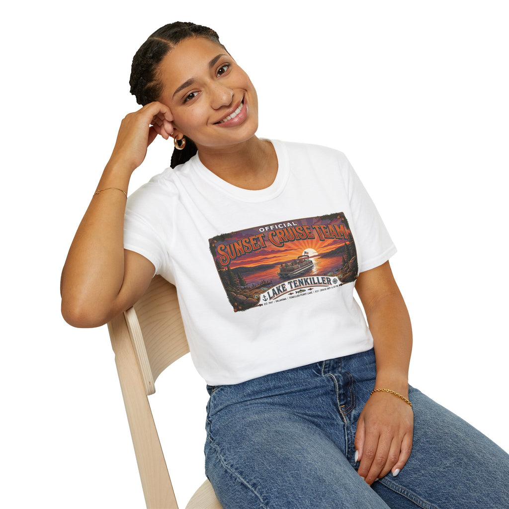 Sunset Cruise Team Lake Tenkiller T-Shirt — Retro Lake Sunset Boat Tee