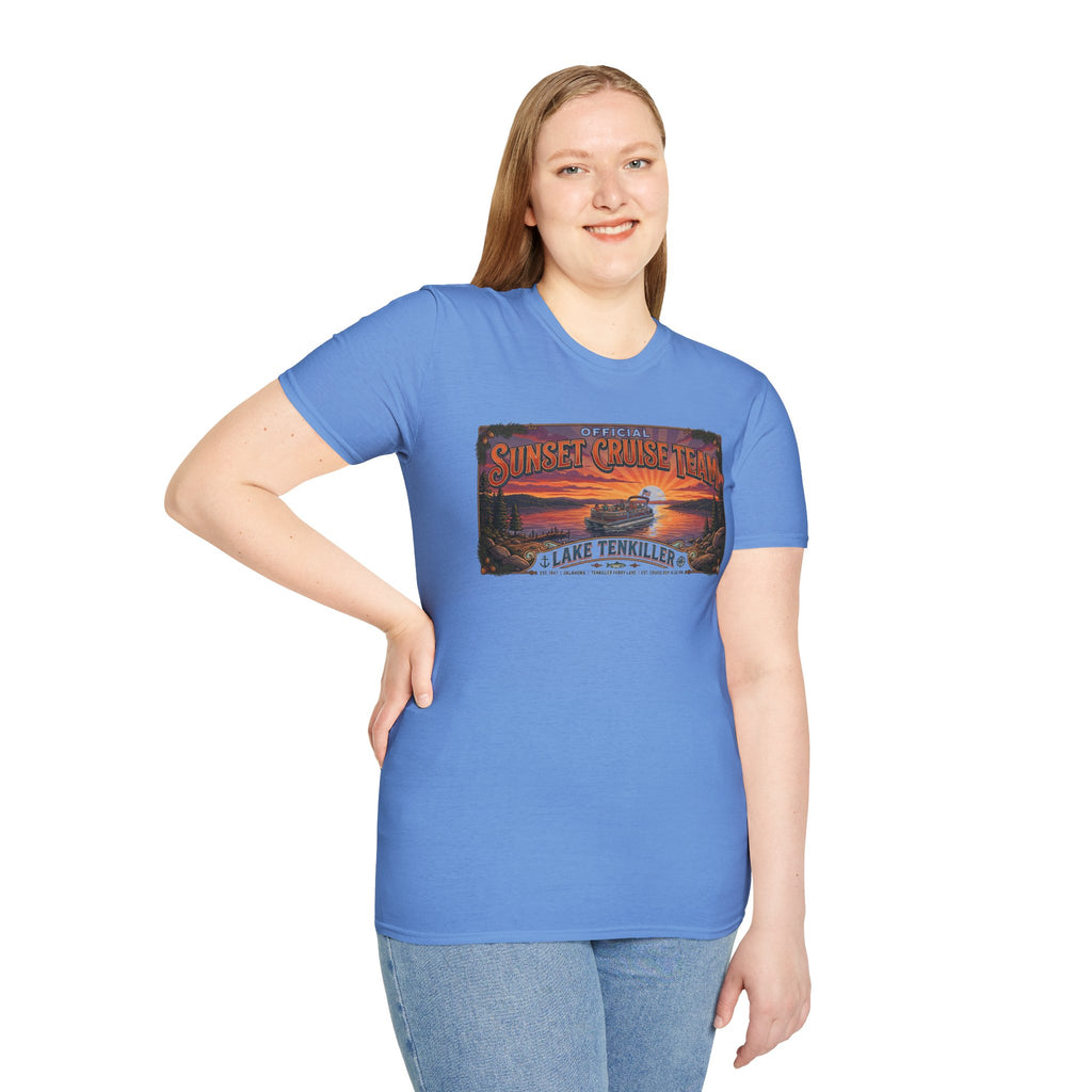 Sunset Cruise Team Lake Tenkiller T-Shirt — Retro Lake Sunset Boat Tee
