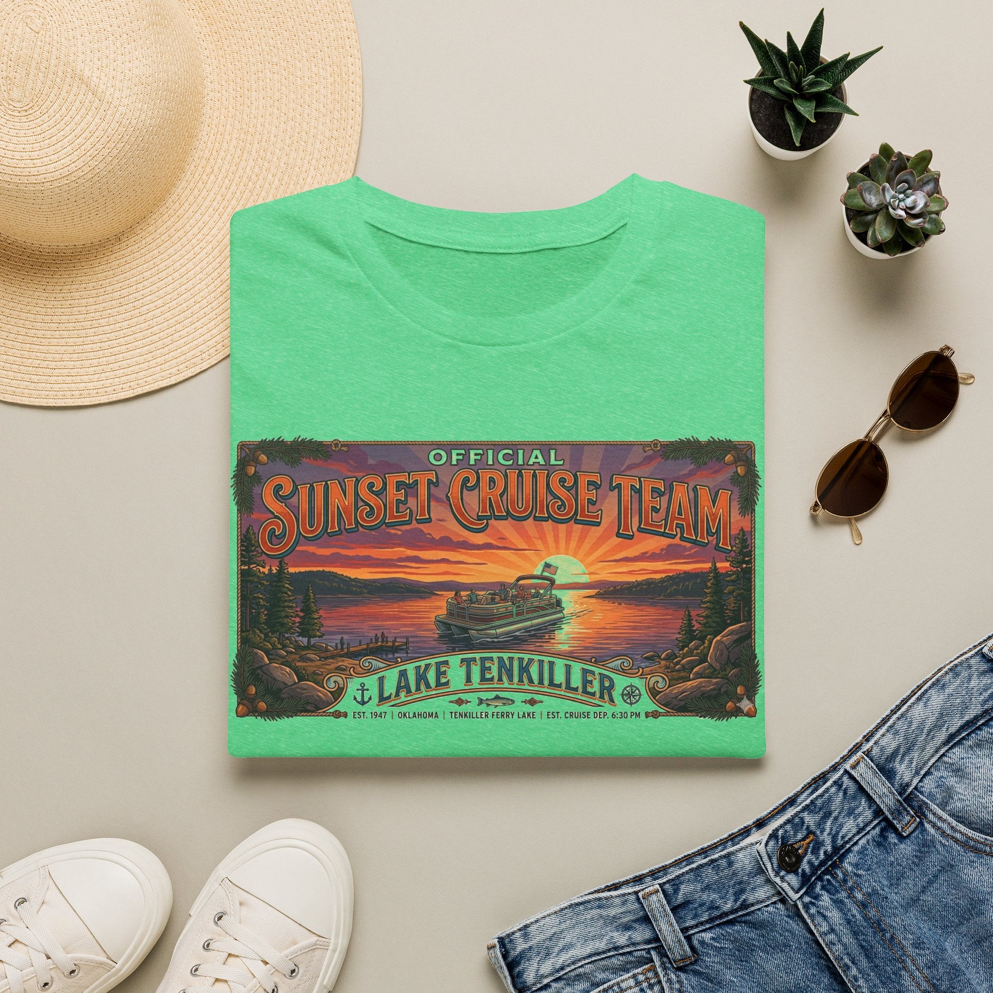 Sunset Cruise Team Lake Tenkiller T-Shirt — Retro Lake Sunset Boat Tee