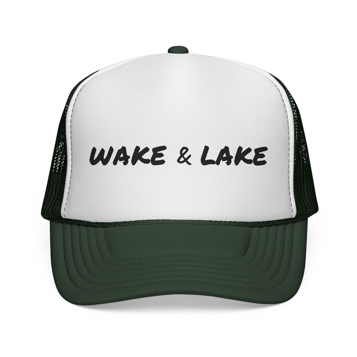 Wake & Lake Trucker Cap hat in Dark Green — worn by model
