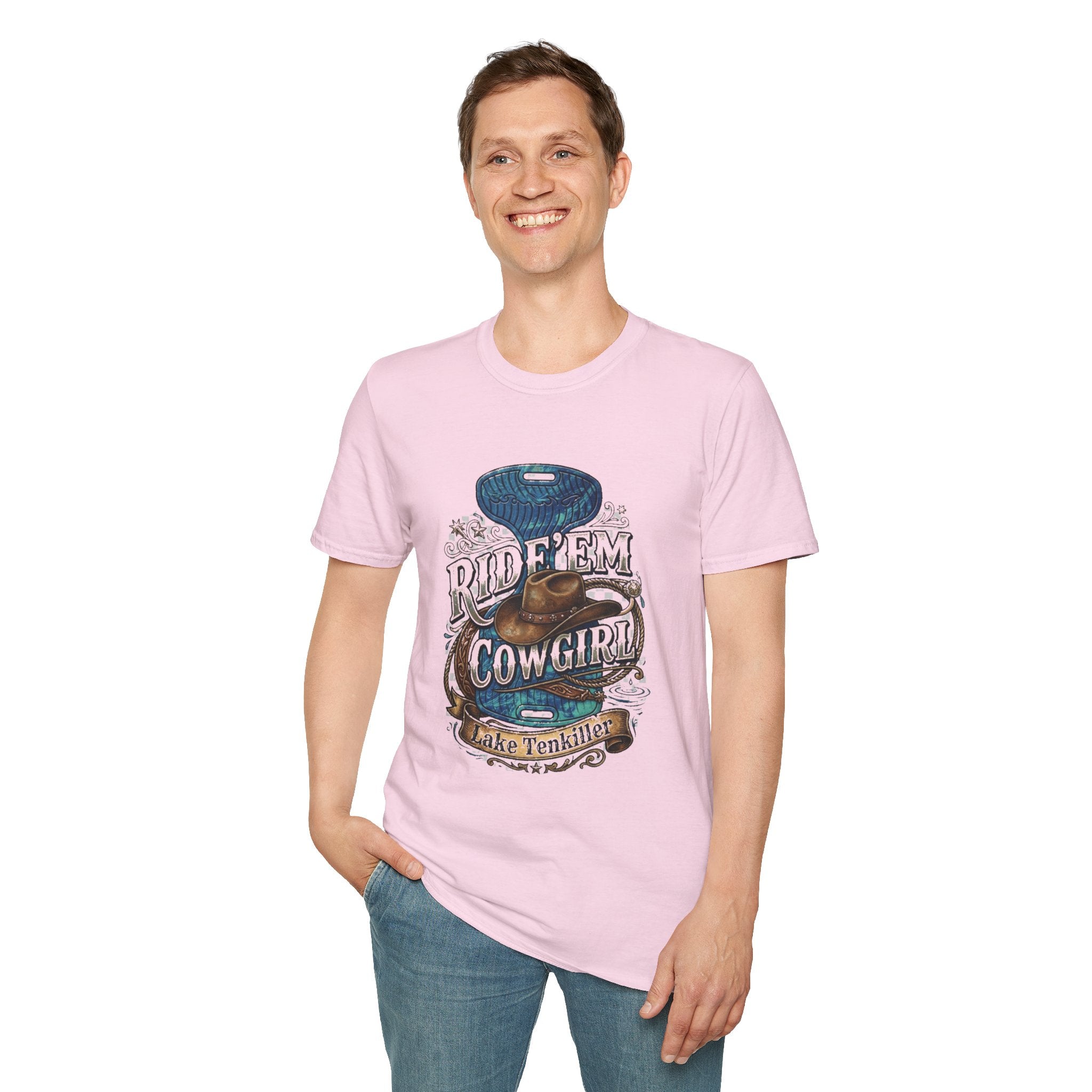 Cowgirl 'Ride 'Em' Water Saddle Graphic T-Shirt — Western Rodeo Cowboy Hat Design