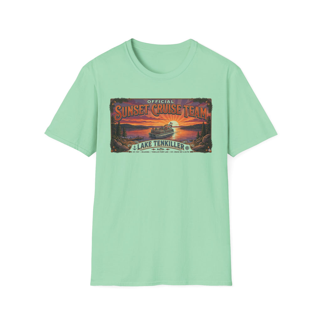 Sunset Cruise Team Lake Tenkiller T-Shirt — Retro Lake Sunset Boat Tee