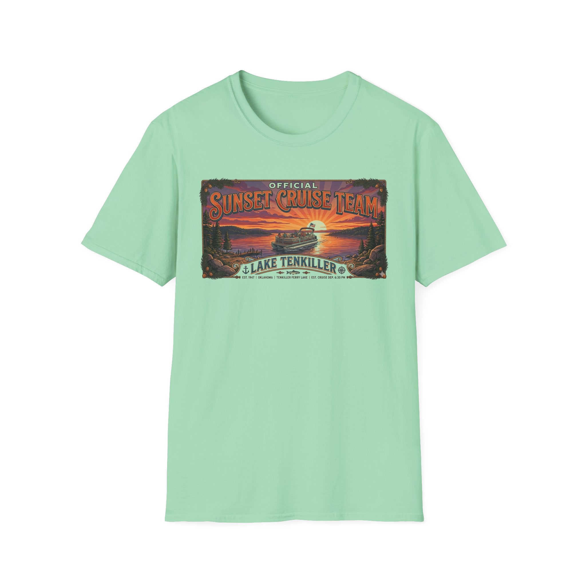 Sunset Cruise Team Lake Tenkiller T-Shirt — Retro Lake Sunset Boat Tee