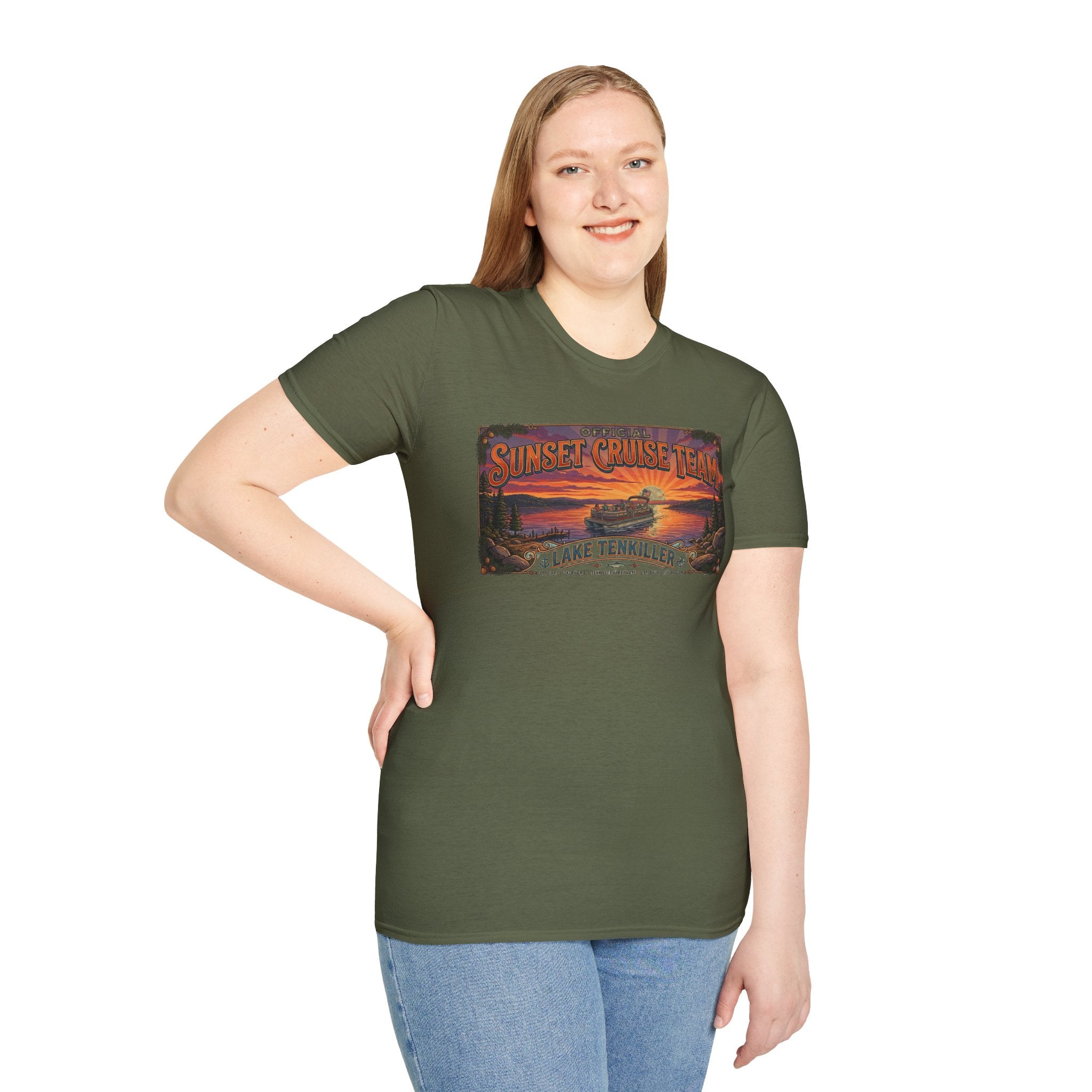 Sunset Cruise Team Lake Tenkiller T-Shirt — Retro Lake Sunset Boat Tee