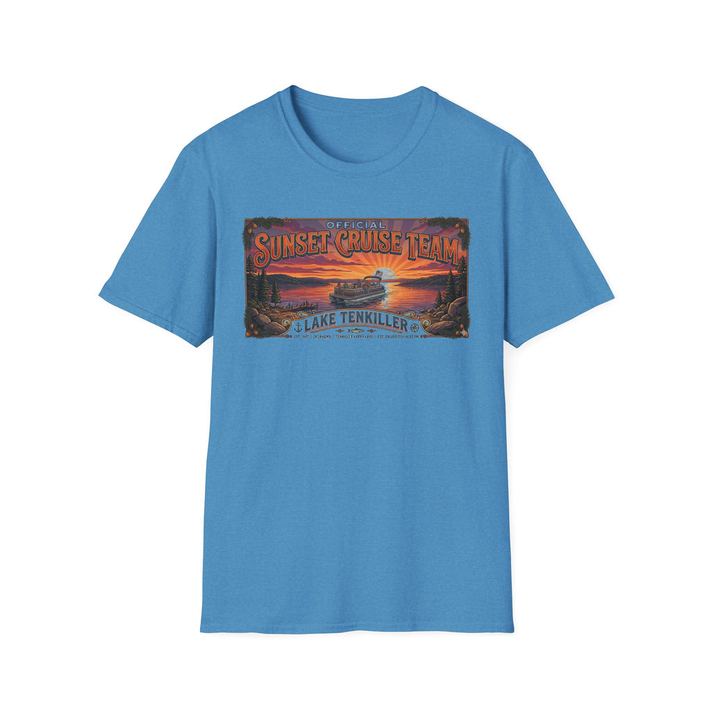 Sunset Cruise Team Lake Tenkiller T-Shirt — Retro Lake Sunset Boat Tee