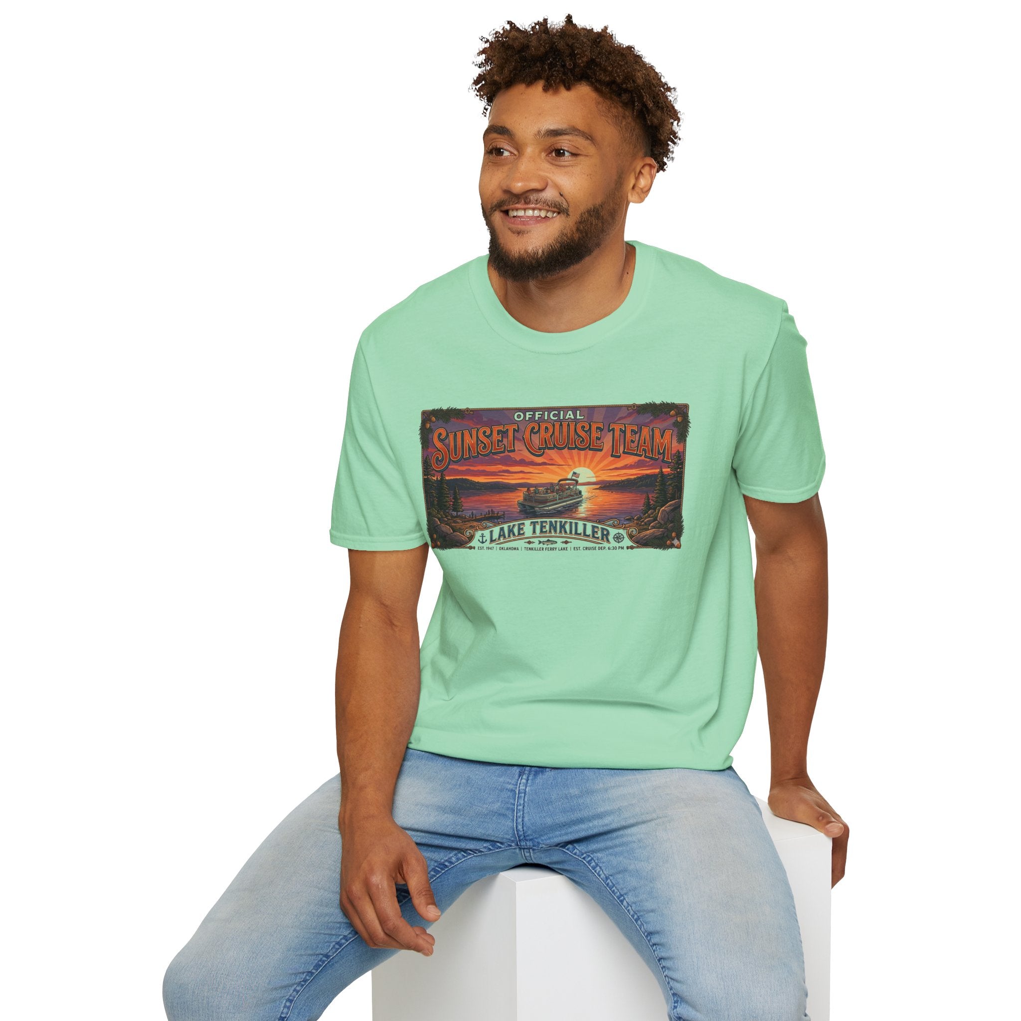 Sunset Cruise Team Lake Tenkiller T-Shirt — Retro Lake Sunset Boat Tee