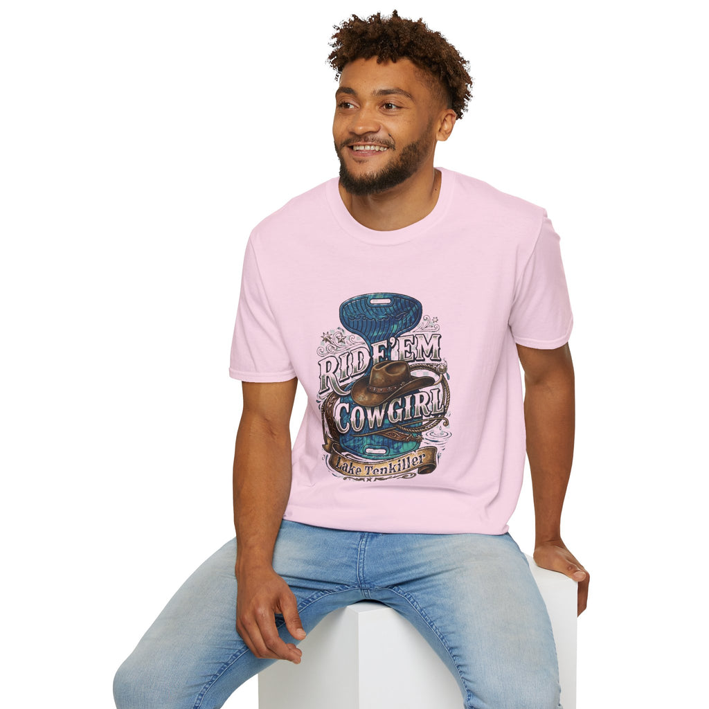 Cowgirl 'Ride 'Em' Water Saddle Graphic T-Shirt — Western Rodeo Cowboy Hat Design