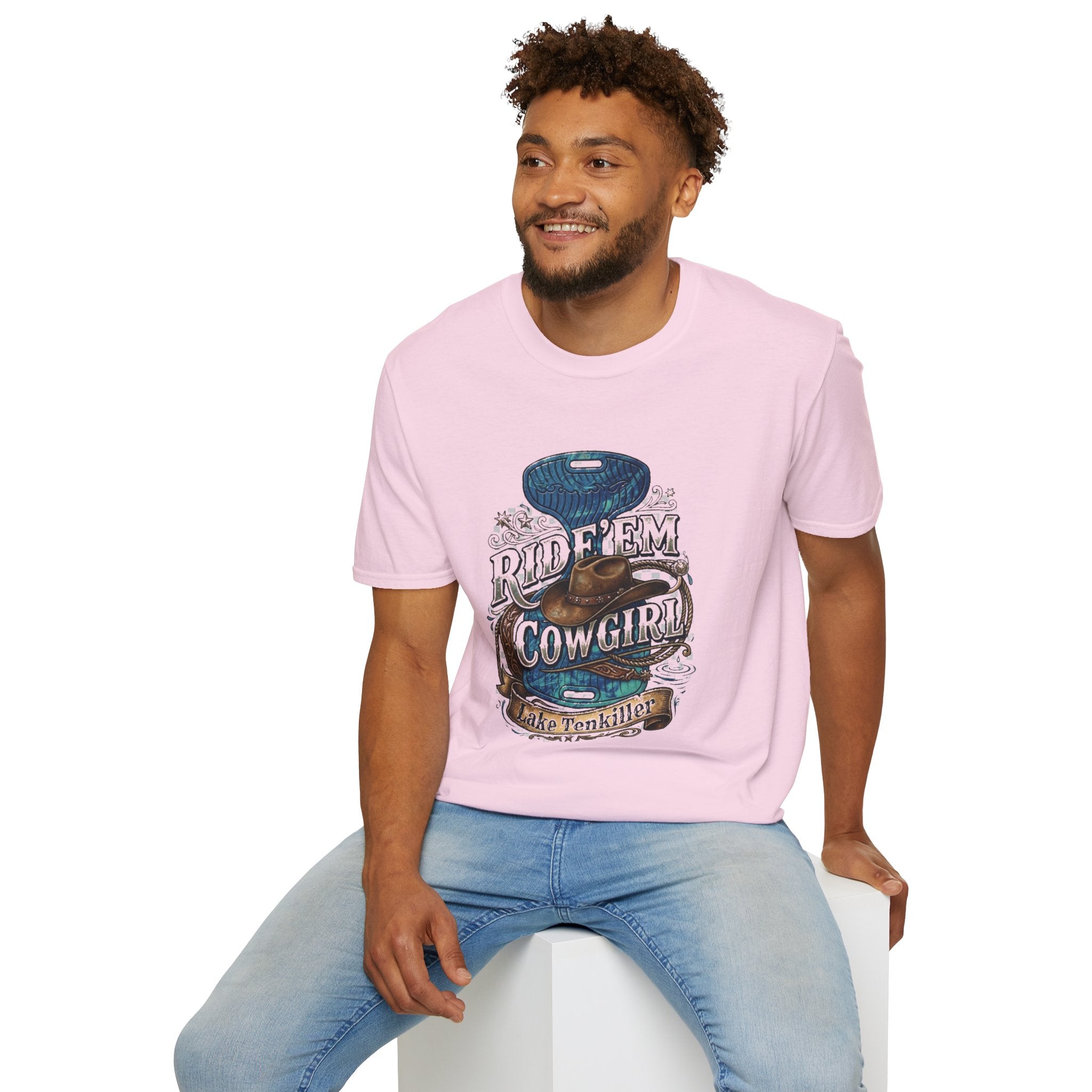 Cowgirl 'Ride 'Em' Water Saddle Graphic T-Shirt — Western Rodeo Cowboy Hat Design