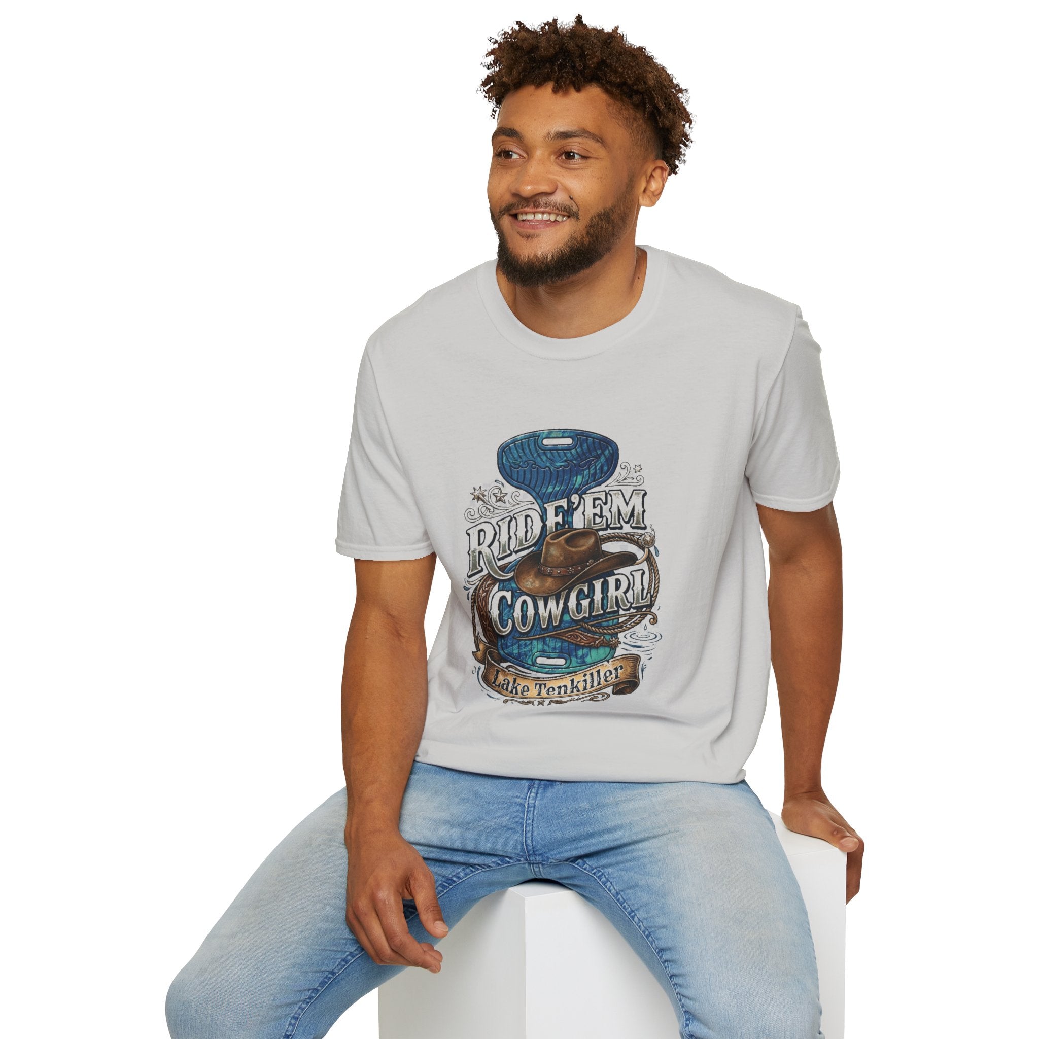 Cowgirl 'Ride 'Em' Water Saddle Graphic T-Shirt — Western Rodeo Cowboy Hat Design